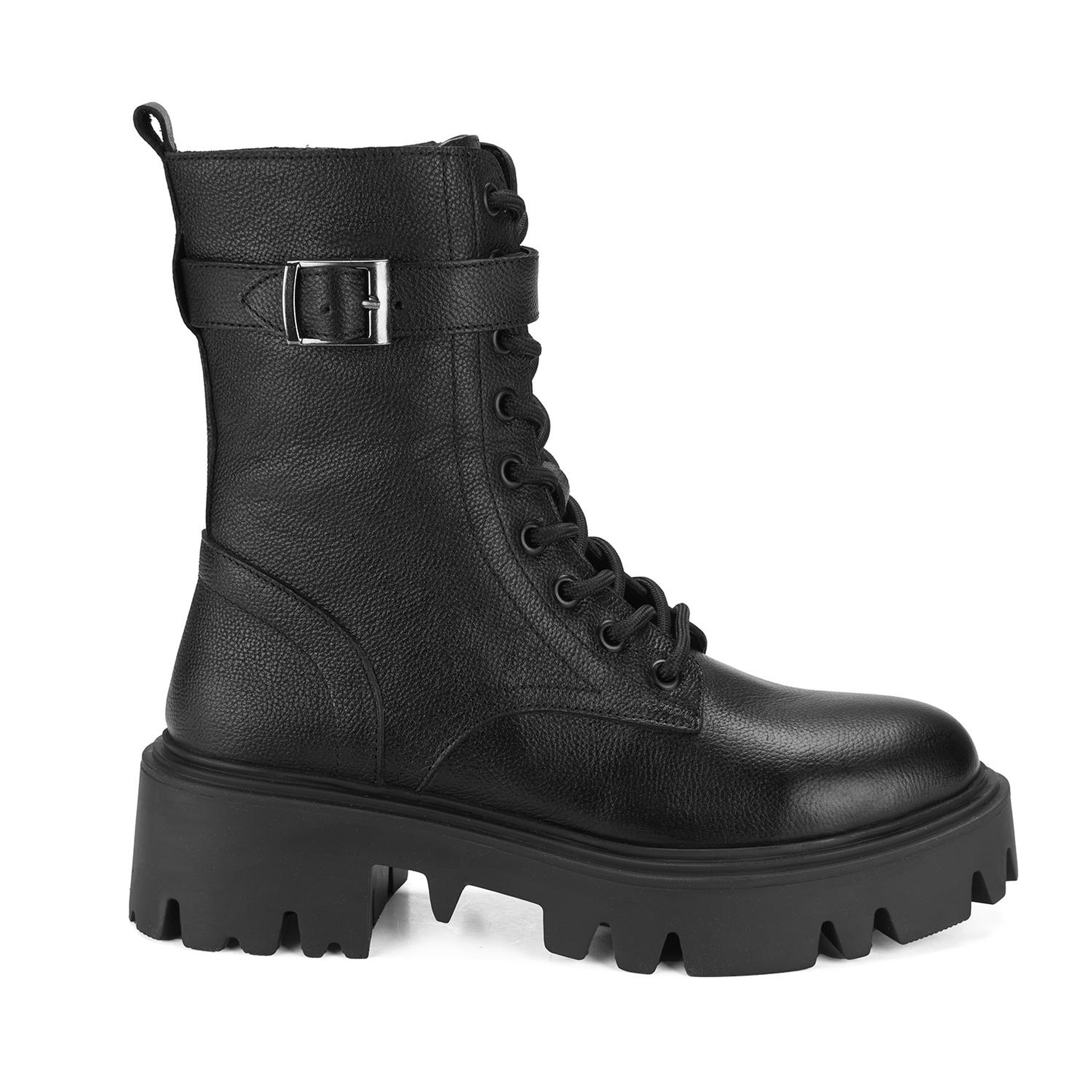 Kadın Siyah Bağcıklı Deri Postal Bot