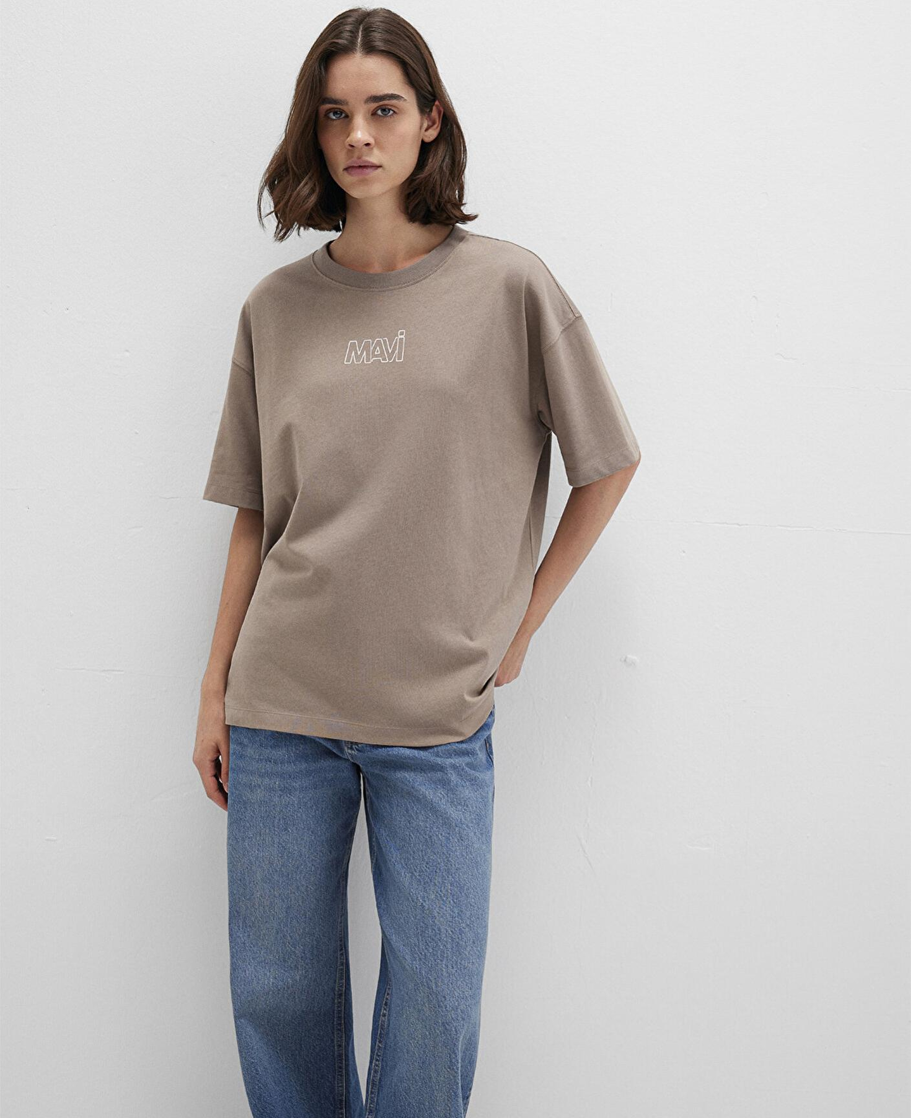 Mavi Mavi Logo Baskılı Bej Tişört Oversize / Geniş Kesim 1611592-70364