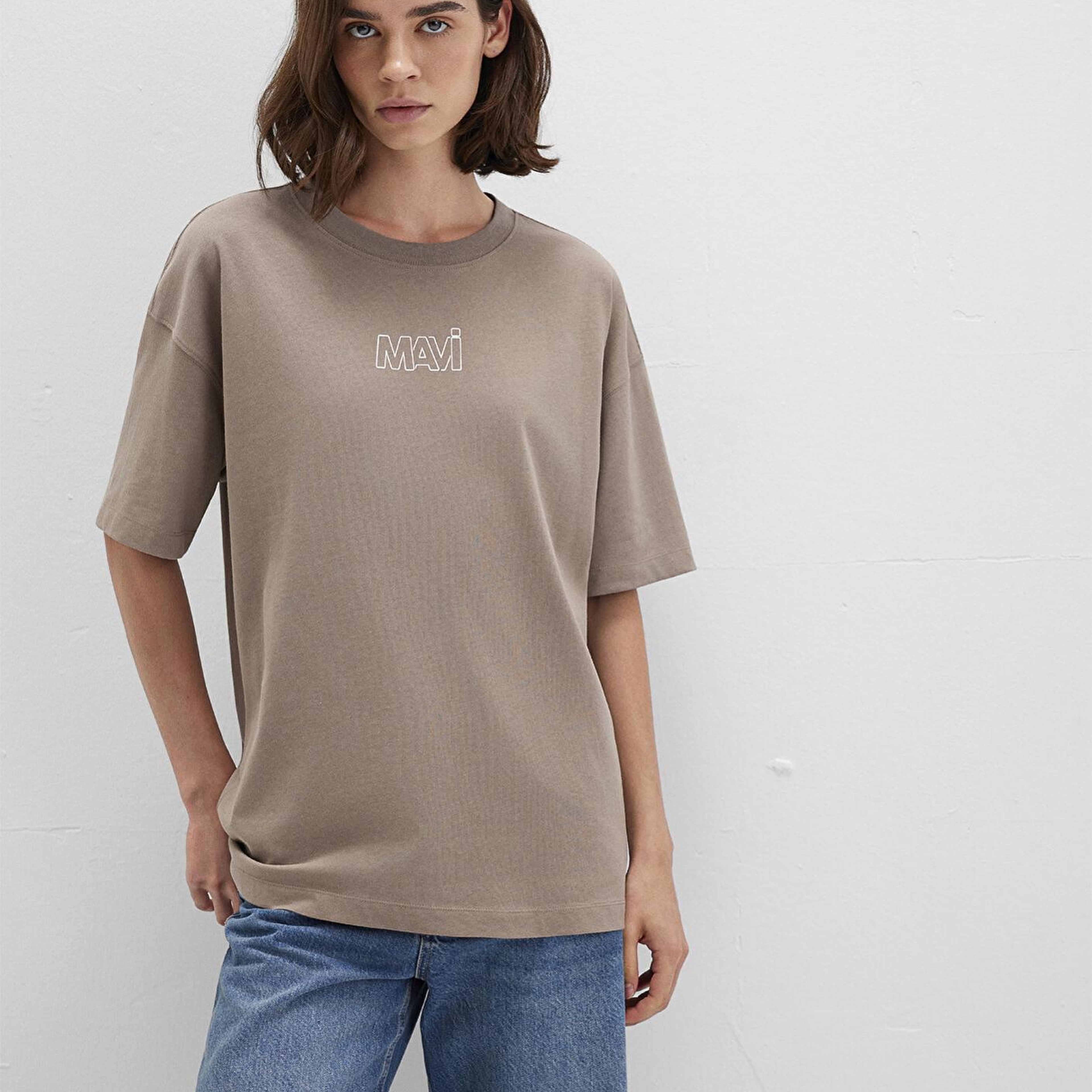 Mavi Mavi Logo Baskılı Bej Tişört Oversize / Geniş Kesim 1611592-70364