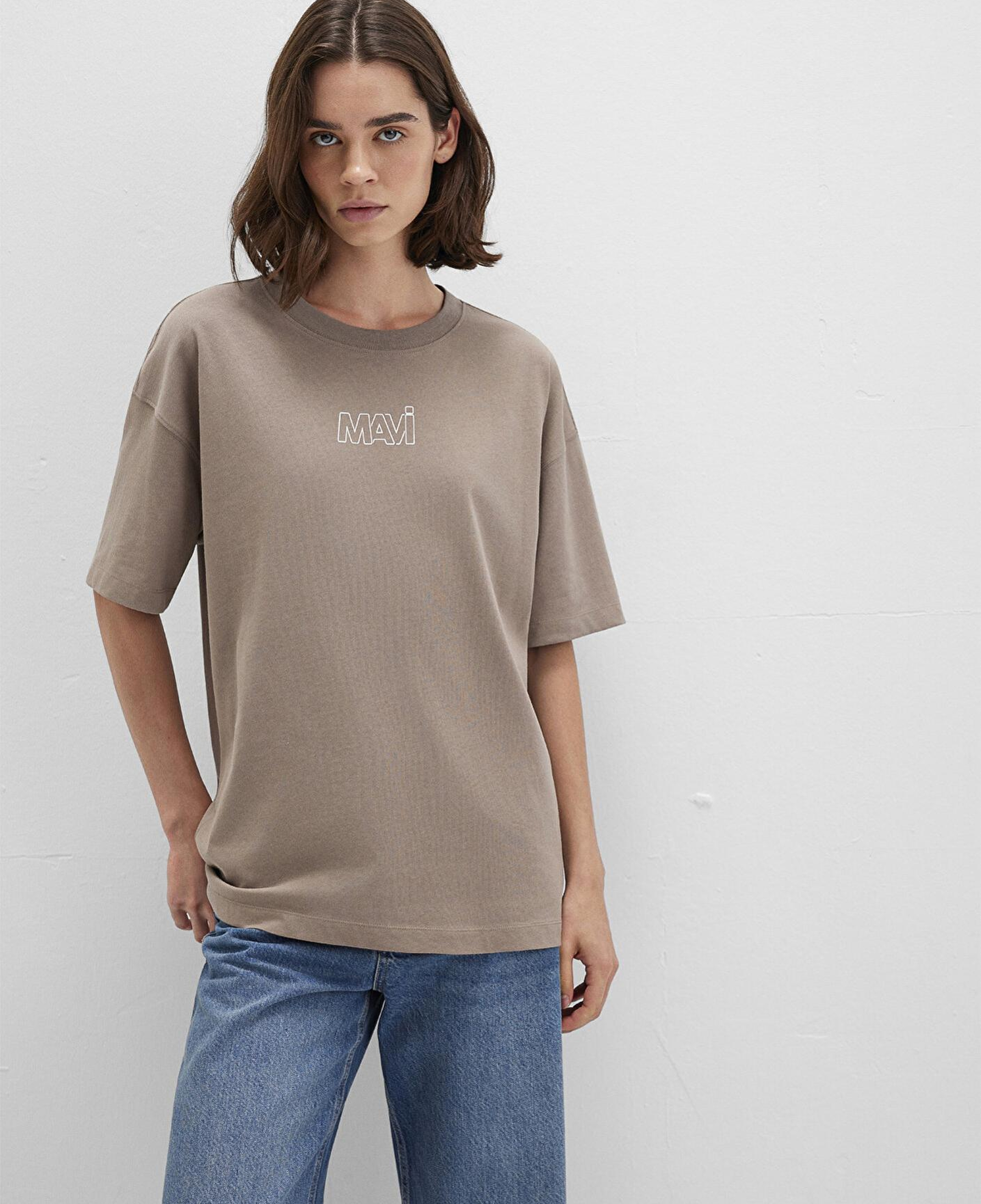 Mavi Mavi Logo Baskılı Bej Tişört Oversize / Geniş Kesim 1611592-70364