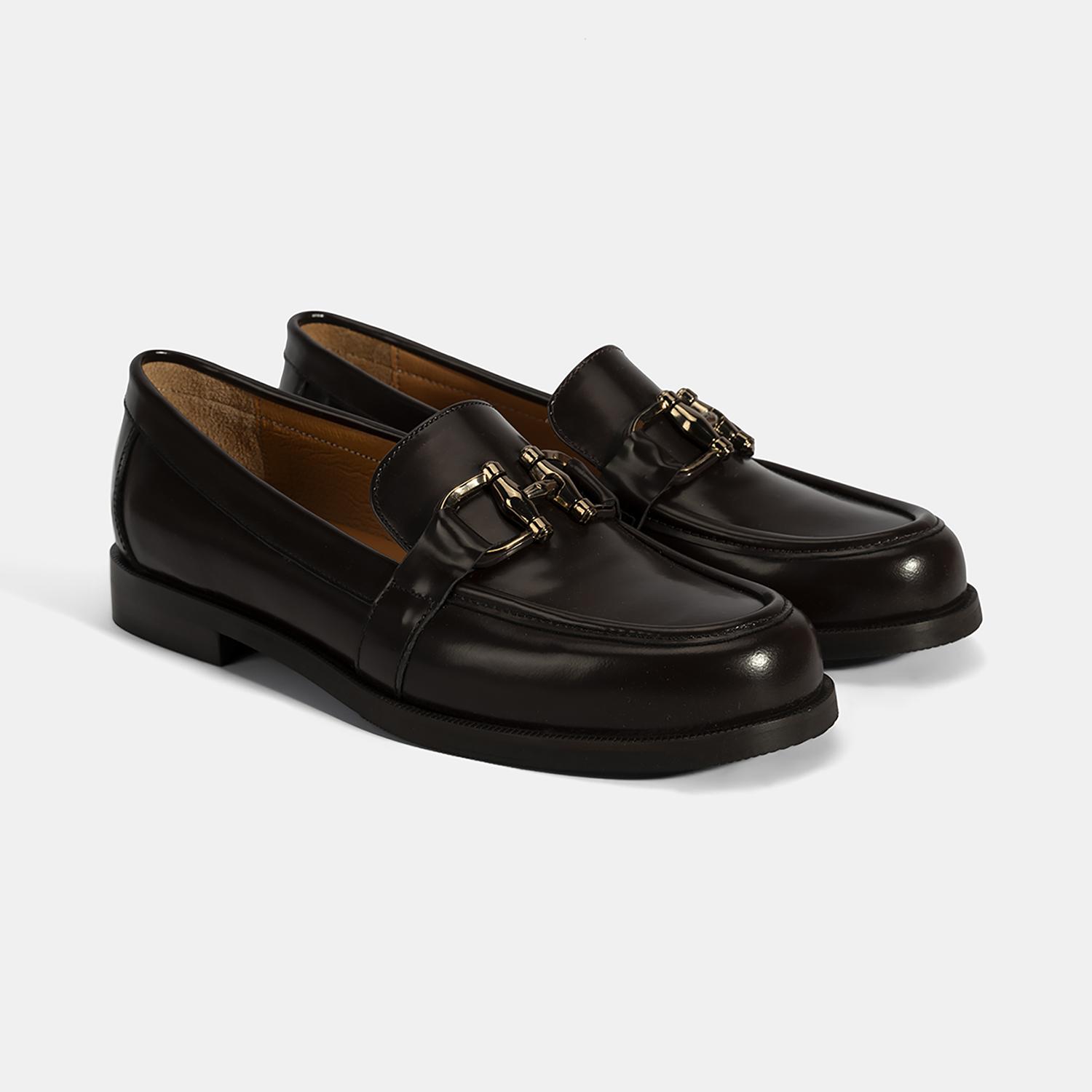 Kadın Kahve Metal Toka Detaylı Deri Loafer