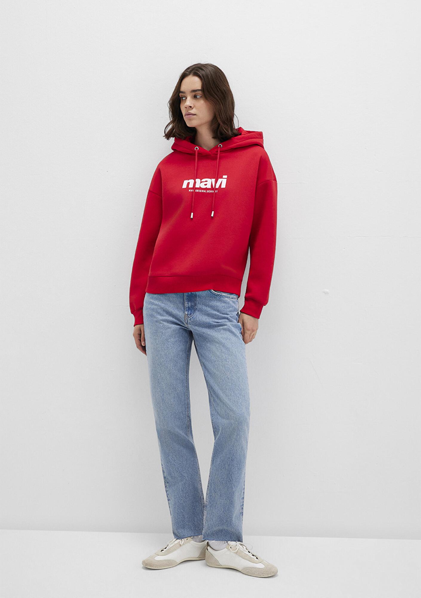 Mavi Mavi Logo Baskılı Kapüşonlu Kırmızı Sweatshirt 168334-35476