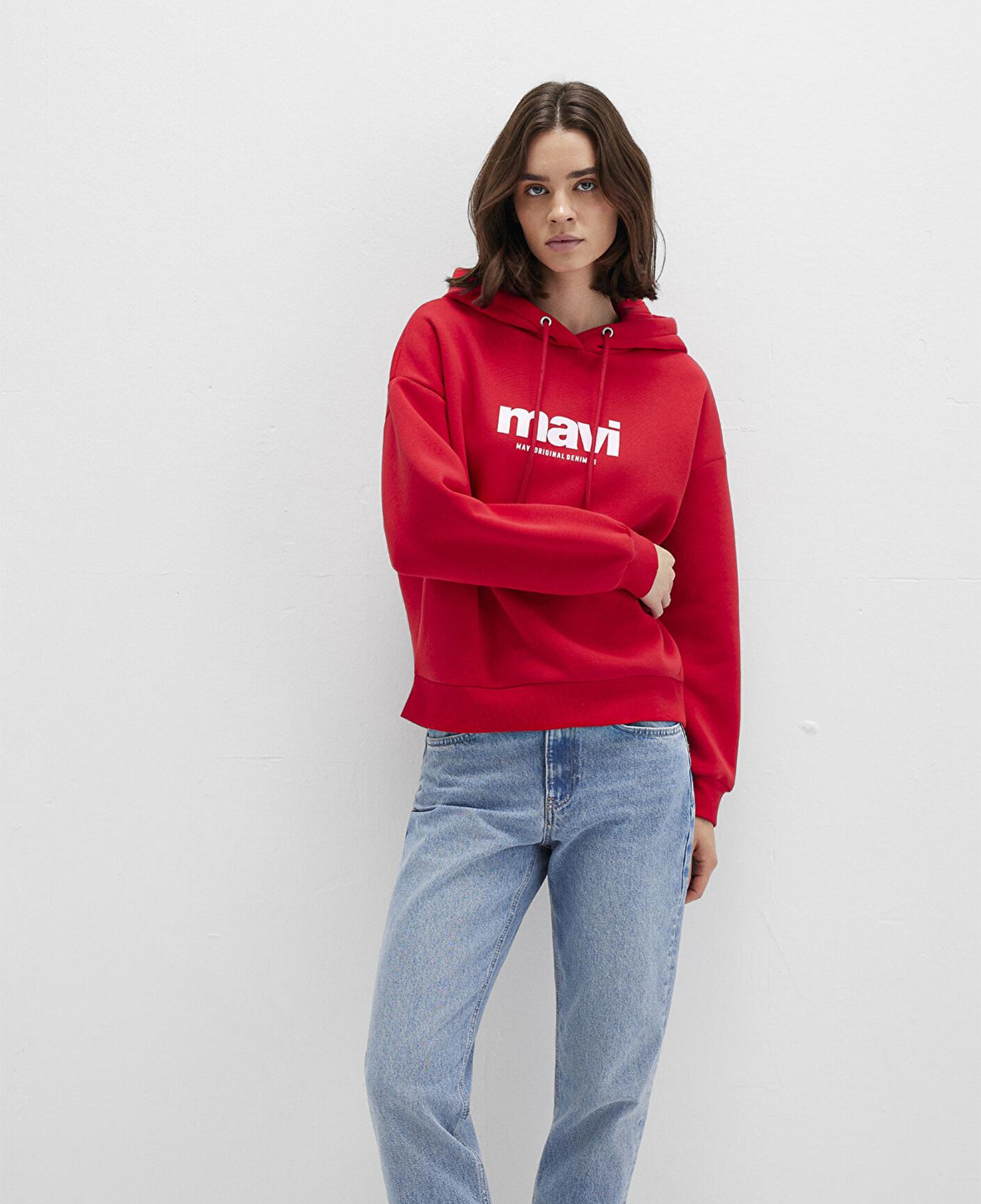 Mavi Mavi Logo Baskılı Kapüşonlu Kırmızı Sweatshirt 168334-35476