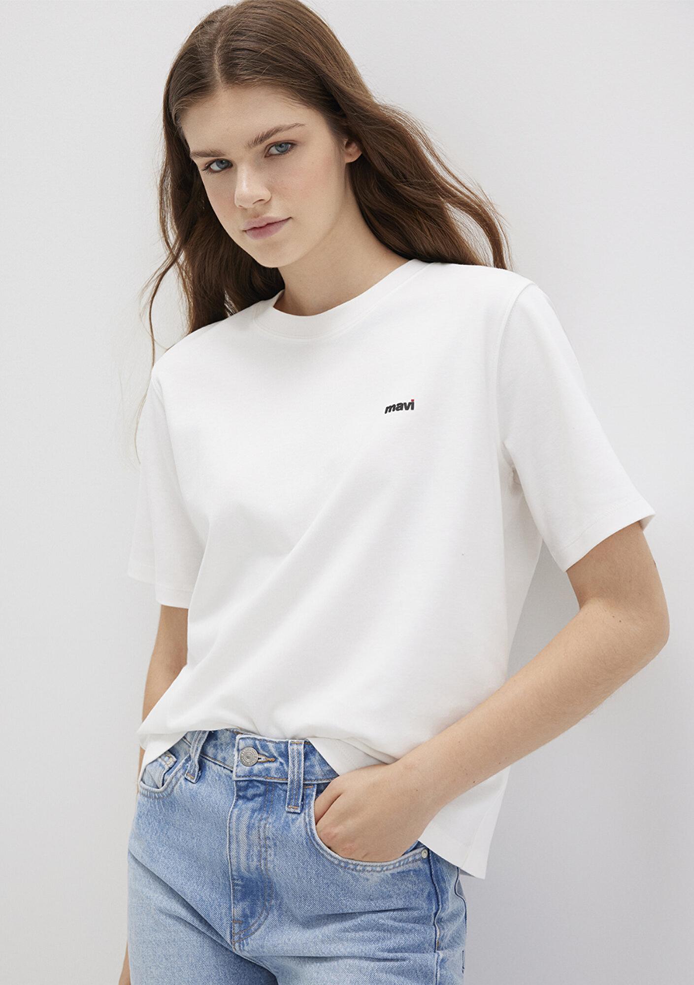 Mavi Mini Mavi Logo Baskılı İnterlok Ekru Basic Tişört Regular Fit / Normal Kesim 1612122-70057