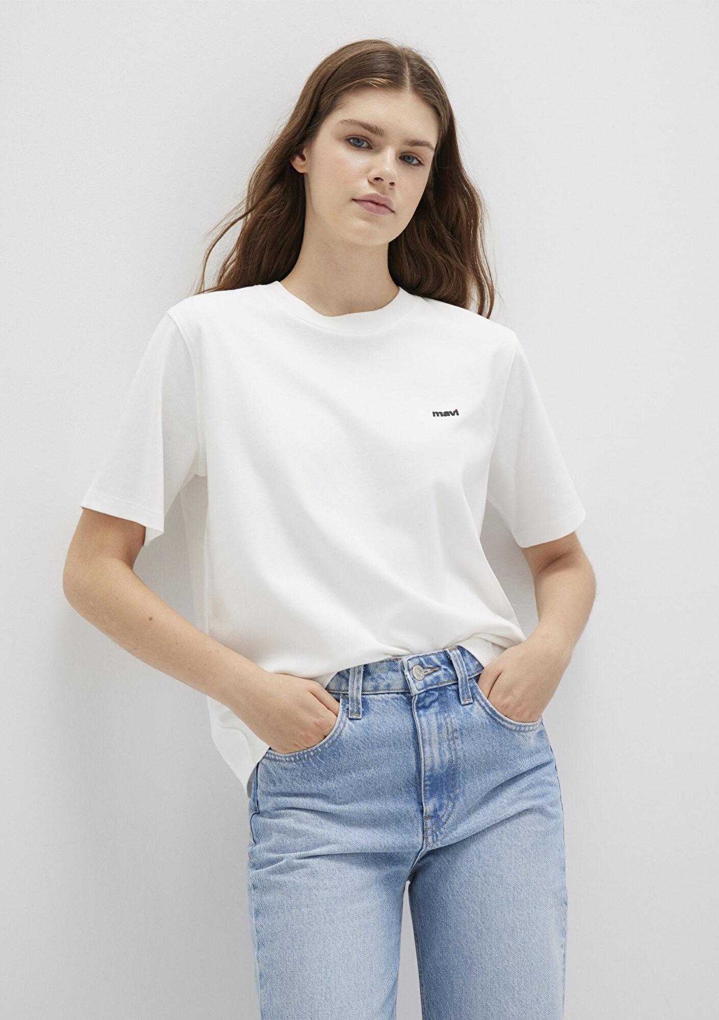 Mavi Mini Mavi Logo Baskılı İnterlok Ekru Basic Tişört Regular Fit / Normal Kesim 1612122-70057