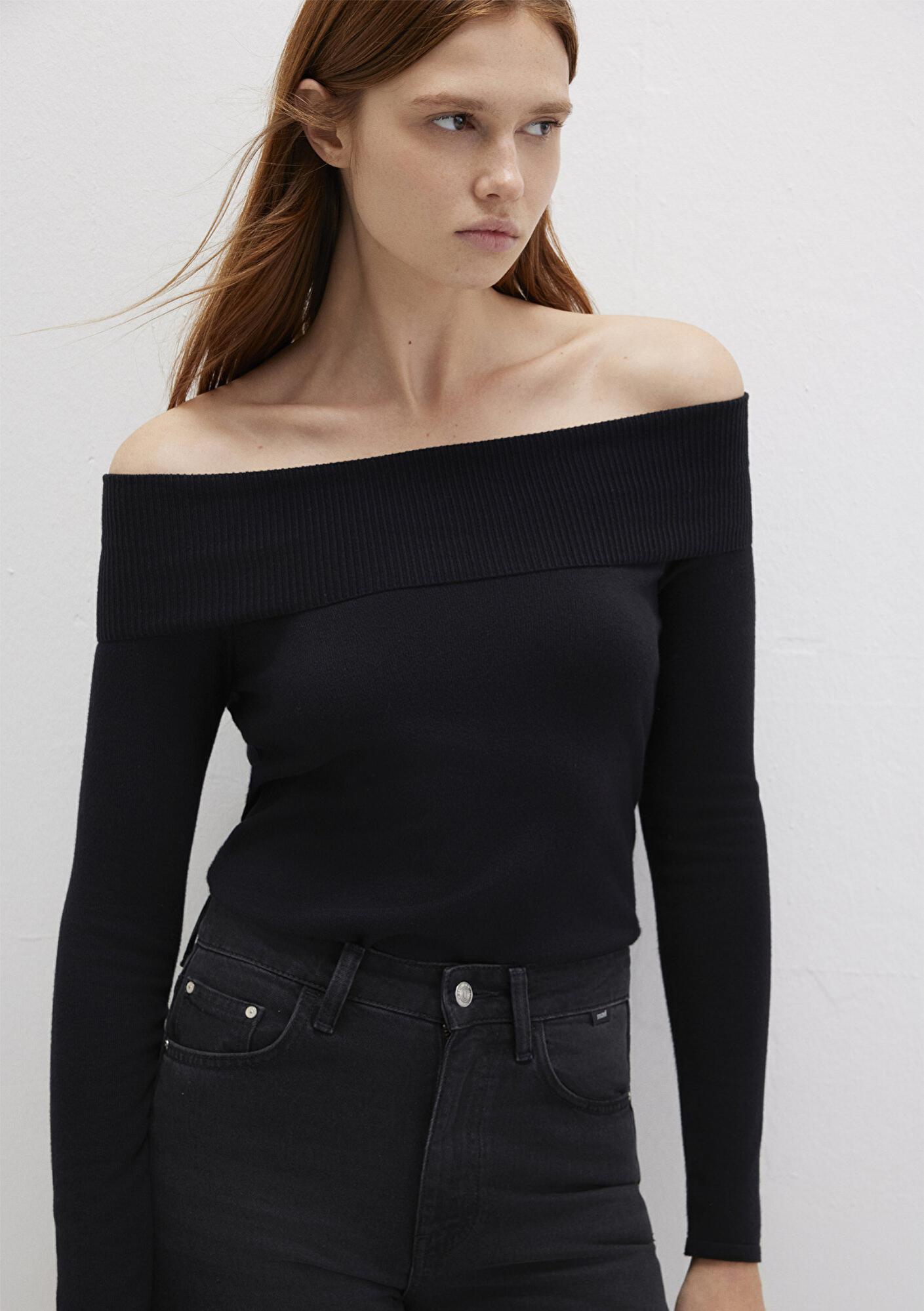 Mavi Düşük Omuz Detaylı Siyah Kazak Fitted / Vücuda Oturan Kesim 1710391-900