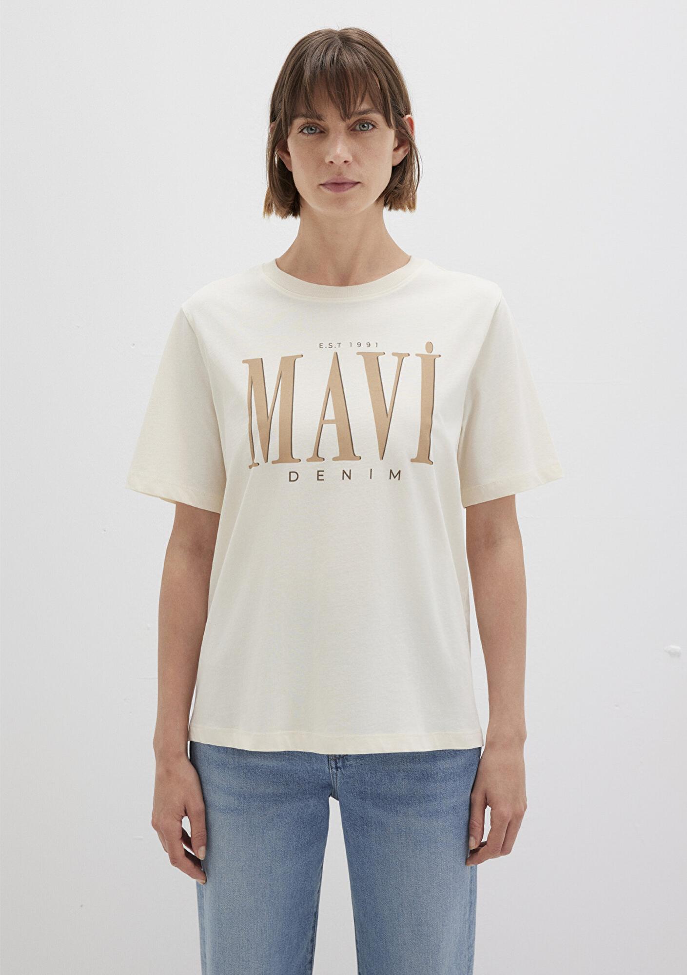 Mavi Mavi Logo Baskılı Bej Tişört Regular Fit / Normal Kesim 1611990-70008