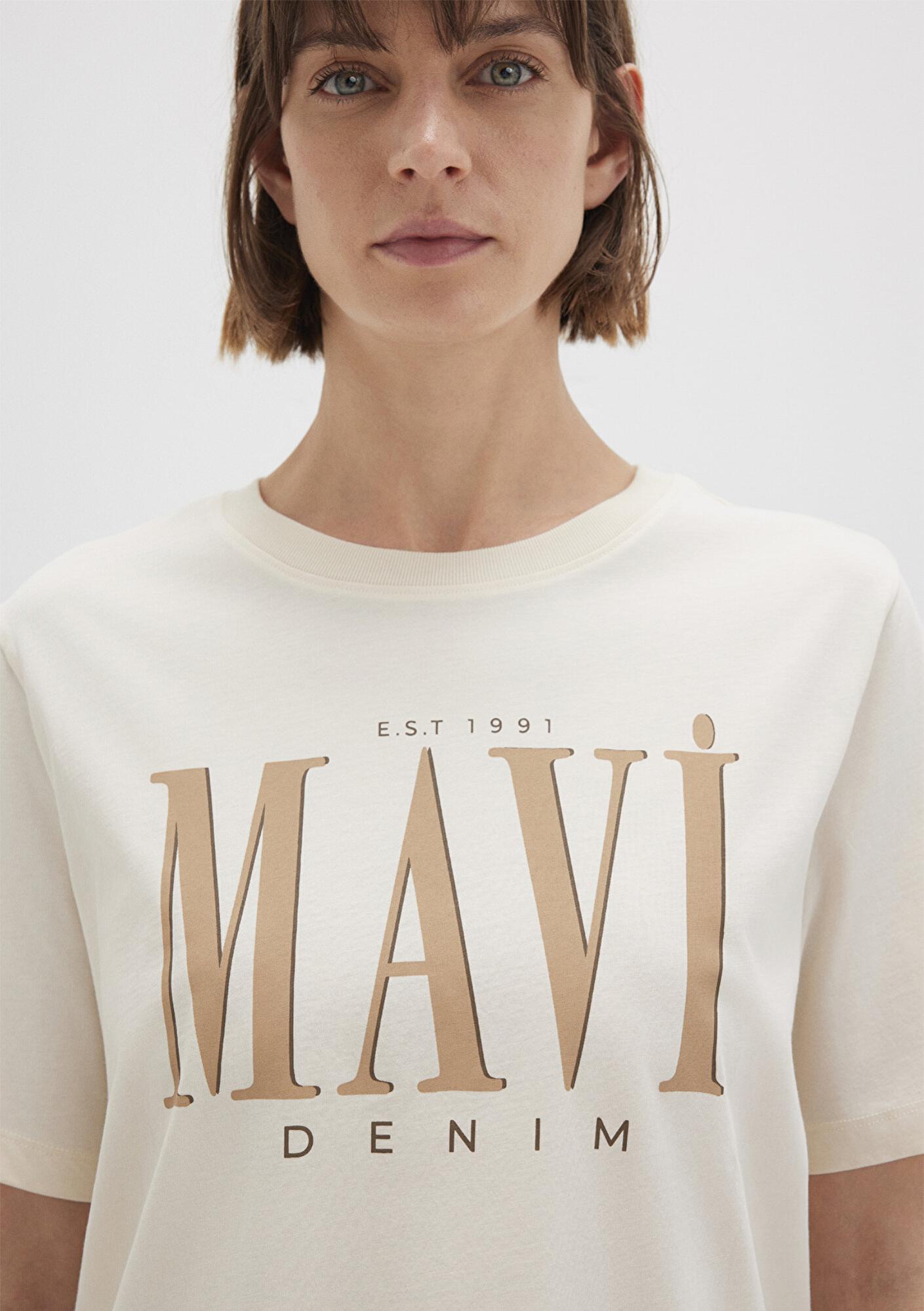 Mavi Mavi Logo Baskılı Bej Tişört Regular Fit / Normal Kesim 1611990-70008