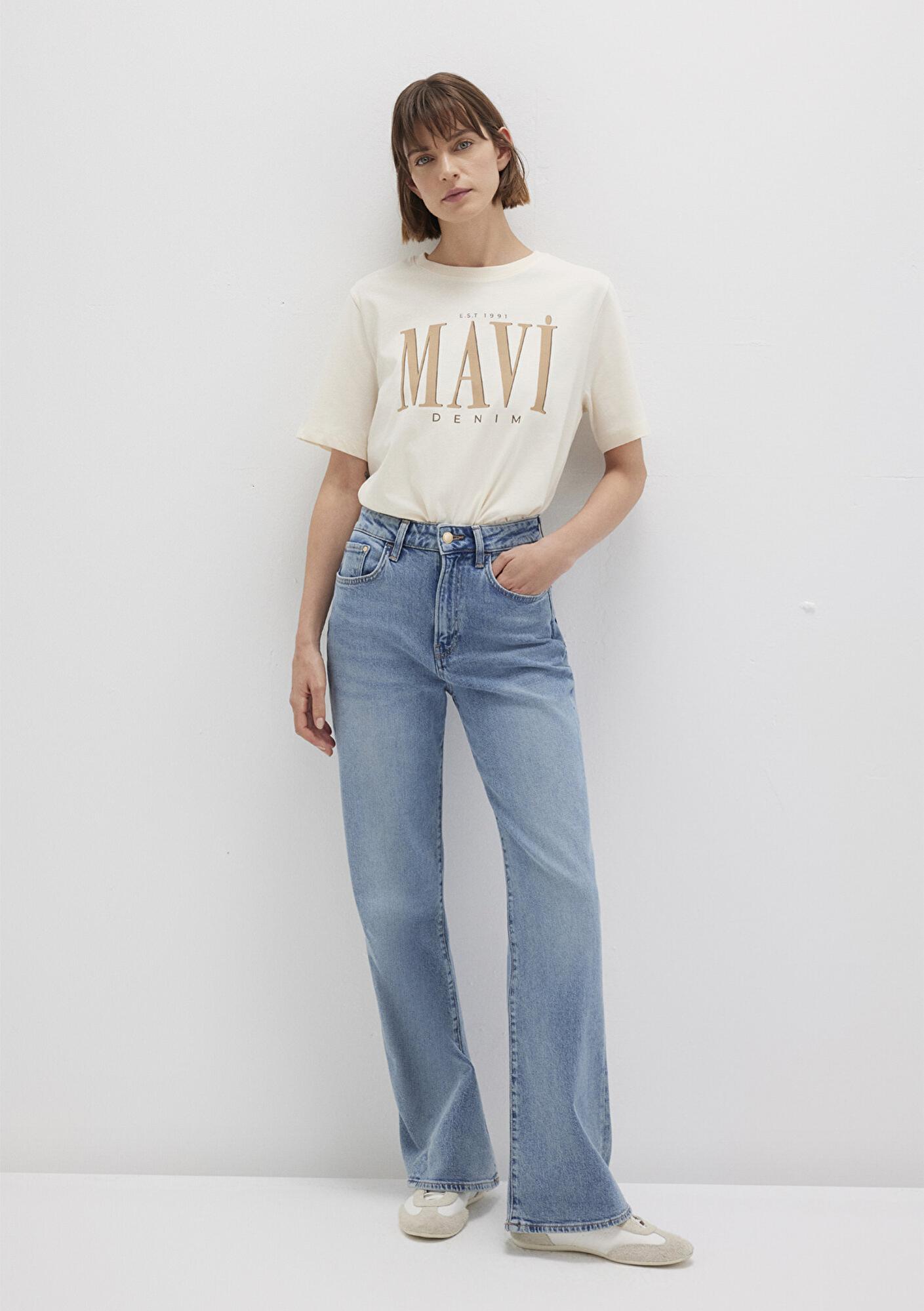 Mavi Mavi Logo Baskılı Bej Tişört Regular Fit / Normal Kesim 1611990-70008