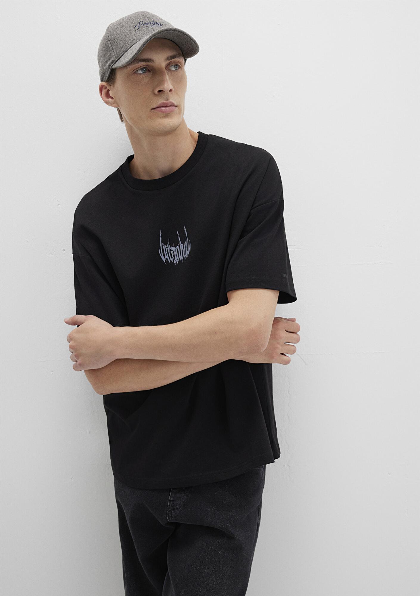 Mavi İstanbul Baskılı Siyah Tişört Oversize / Geniş Kesim 0611865-900