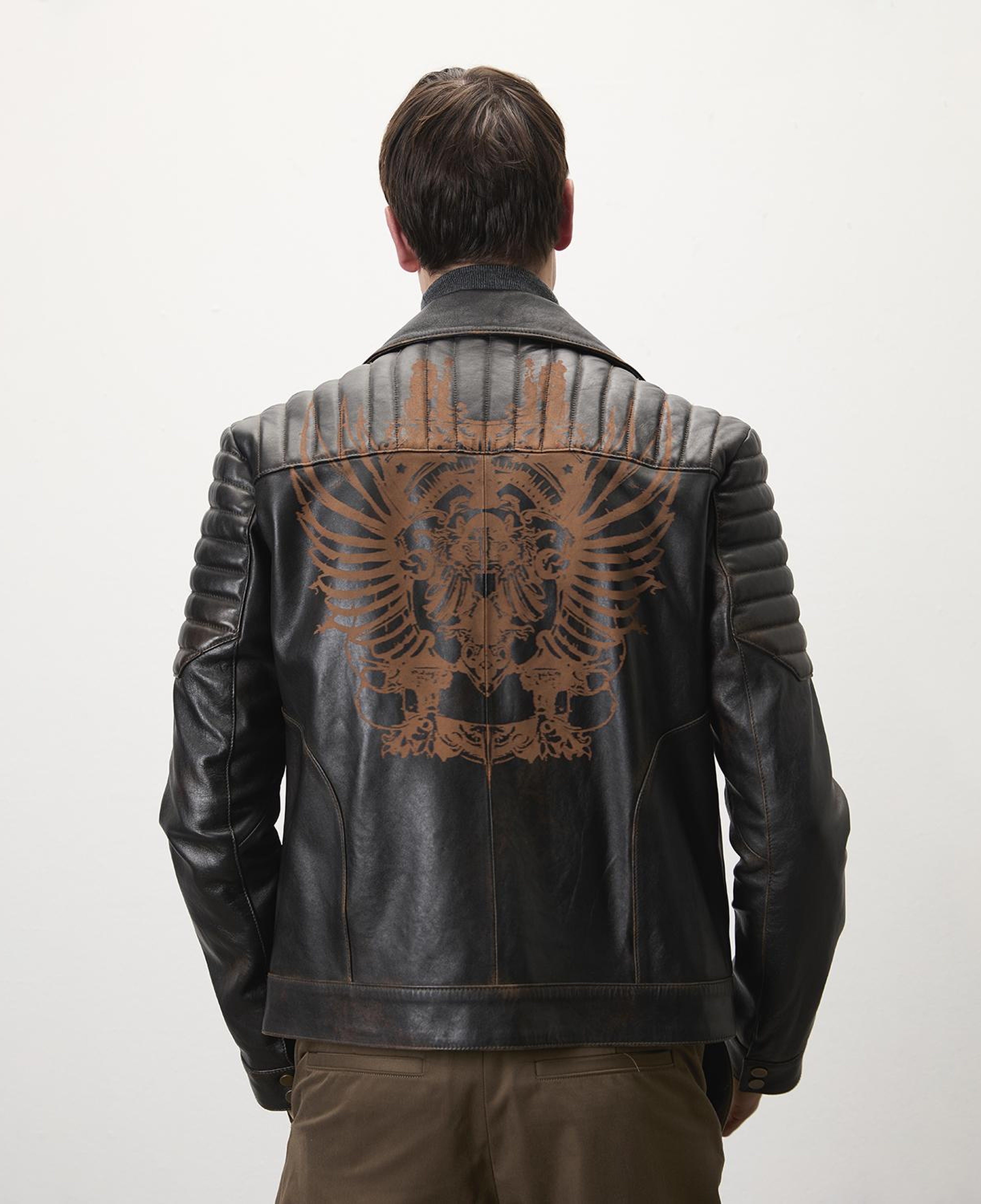 Bill Kahve Erkek Kartallı Vintage Biker Deri Mont