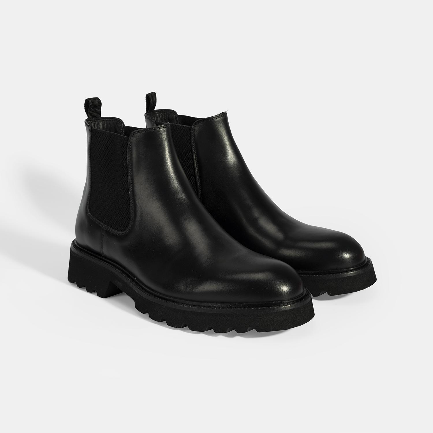 Erkek Siyah Lastik Detaylı Deri Bot