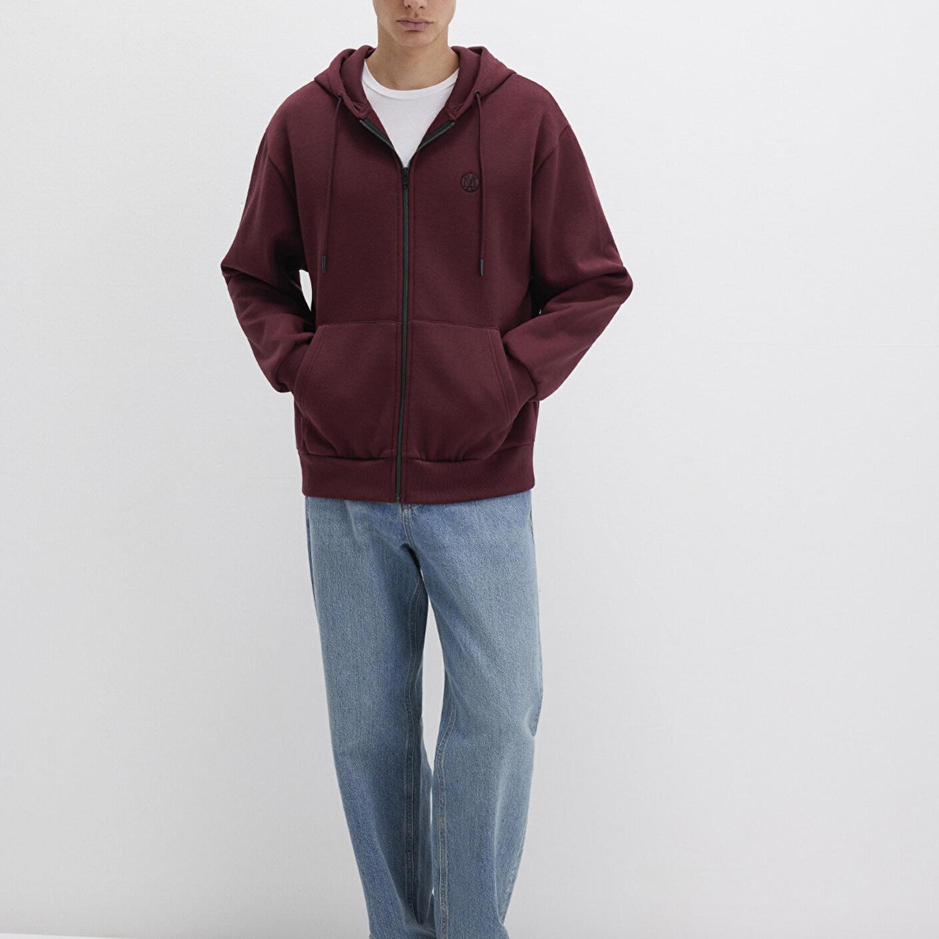 Mavi Mühür Logo Nakışlı Kapüşonlu Fermuarlı Bordo Sweatshirt 066979-70426