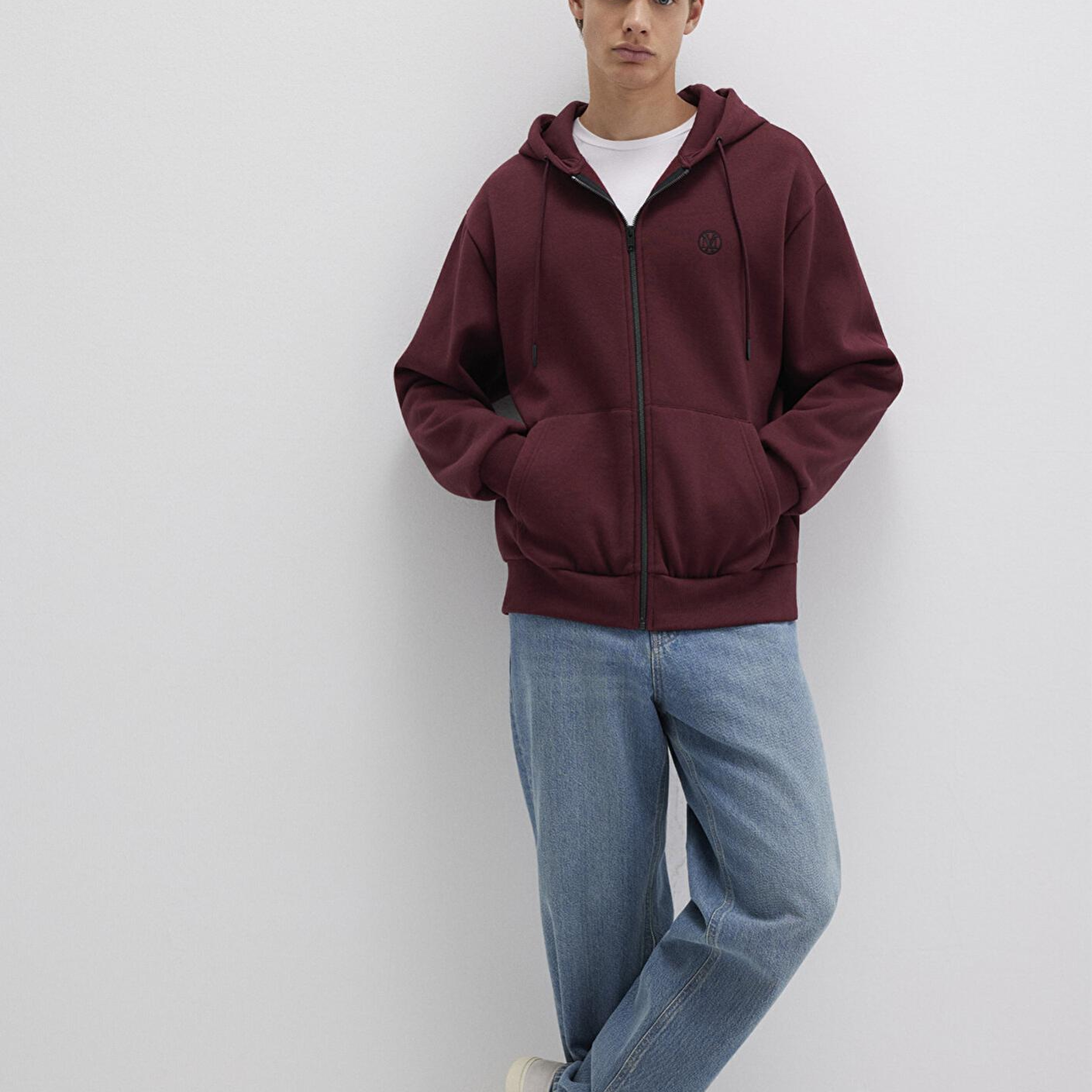 Mavi Mühür Logo Nakışlı Kapüşonlu Fermuarlı Bordo Sweatshirt 066979-70426