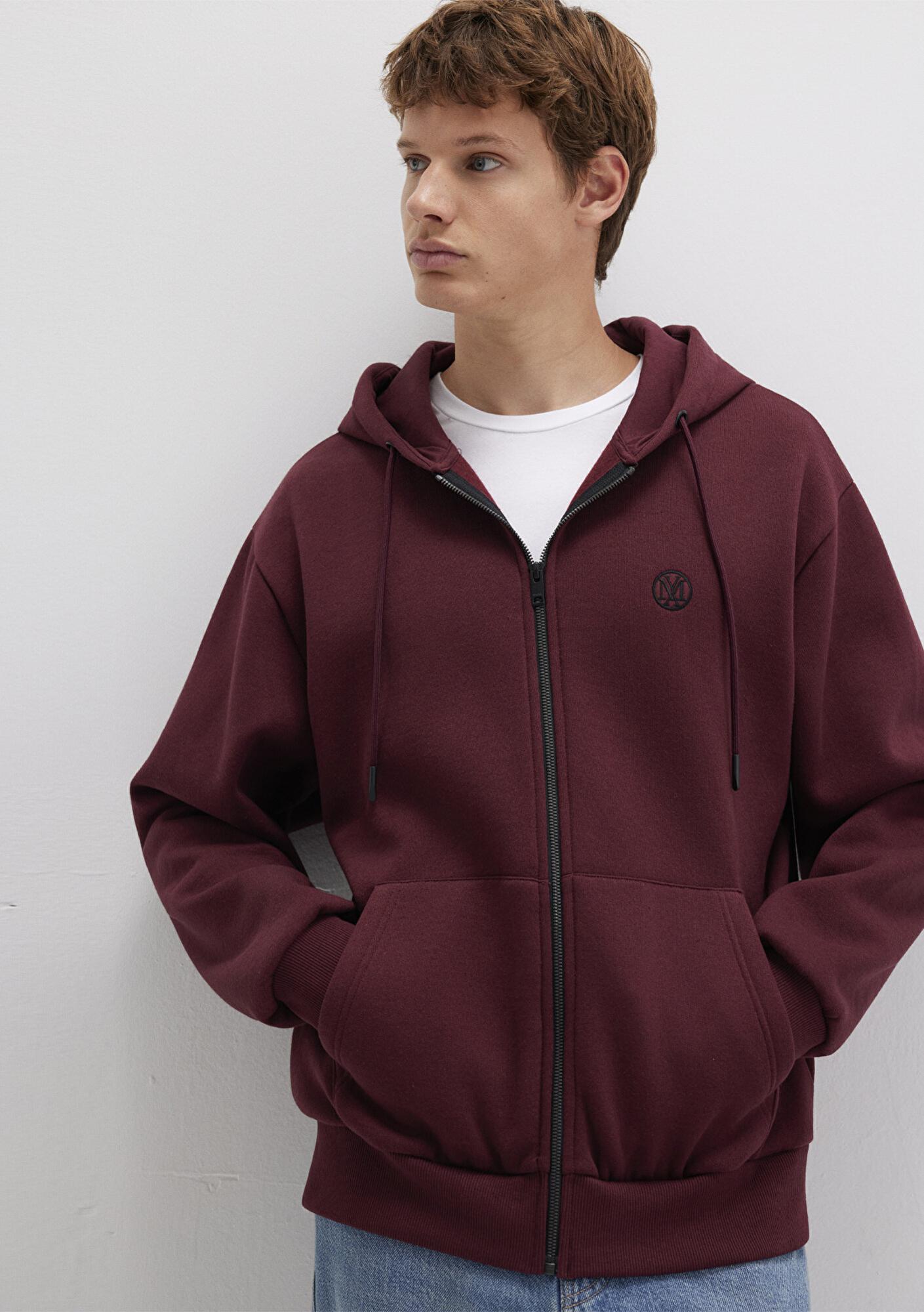 Mavi Mühür Logo Nakışlı Kapüşonlu Fermuarlı Bordo Sweatshirt 066979-70426