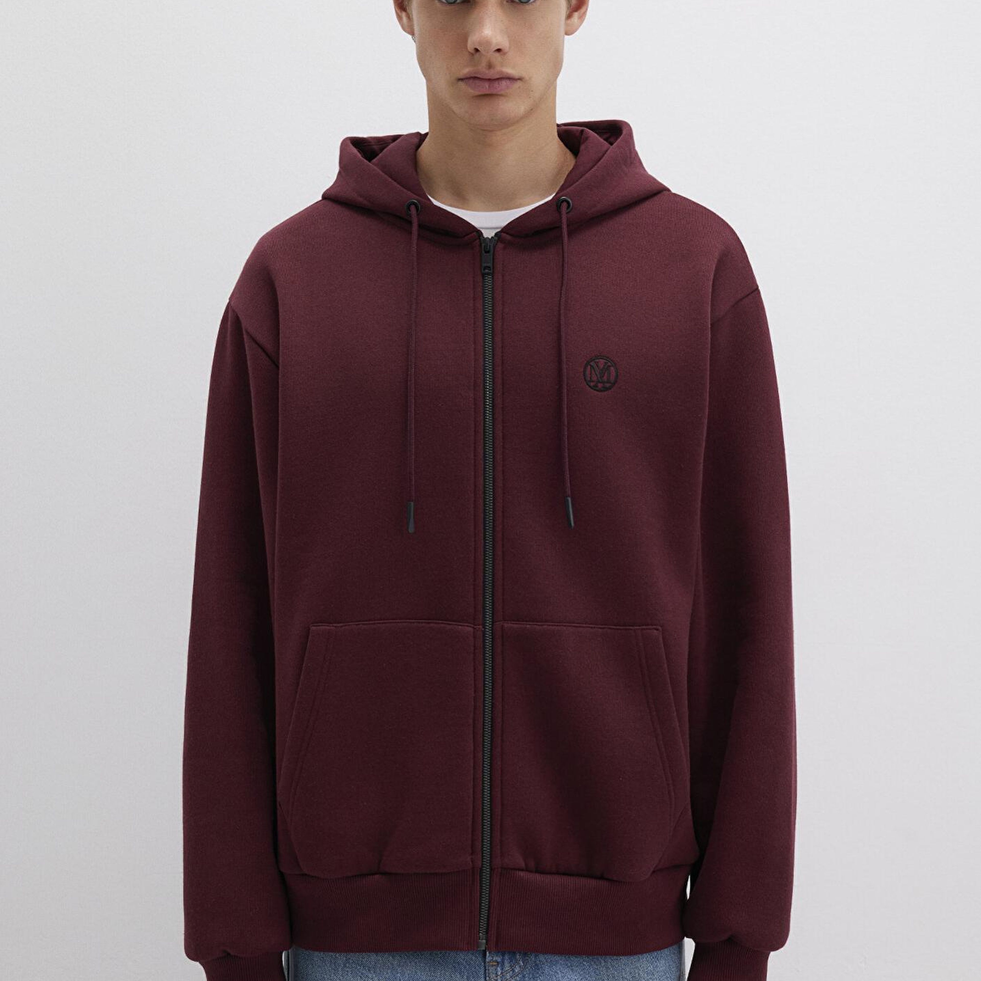 Mavi Mühür Logo Nakışlı Kapüşonlu Fermuarlı Bordo Sweatshirt 066979-70426