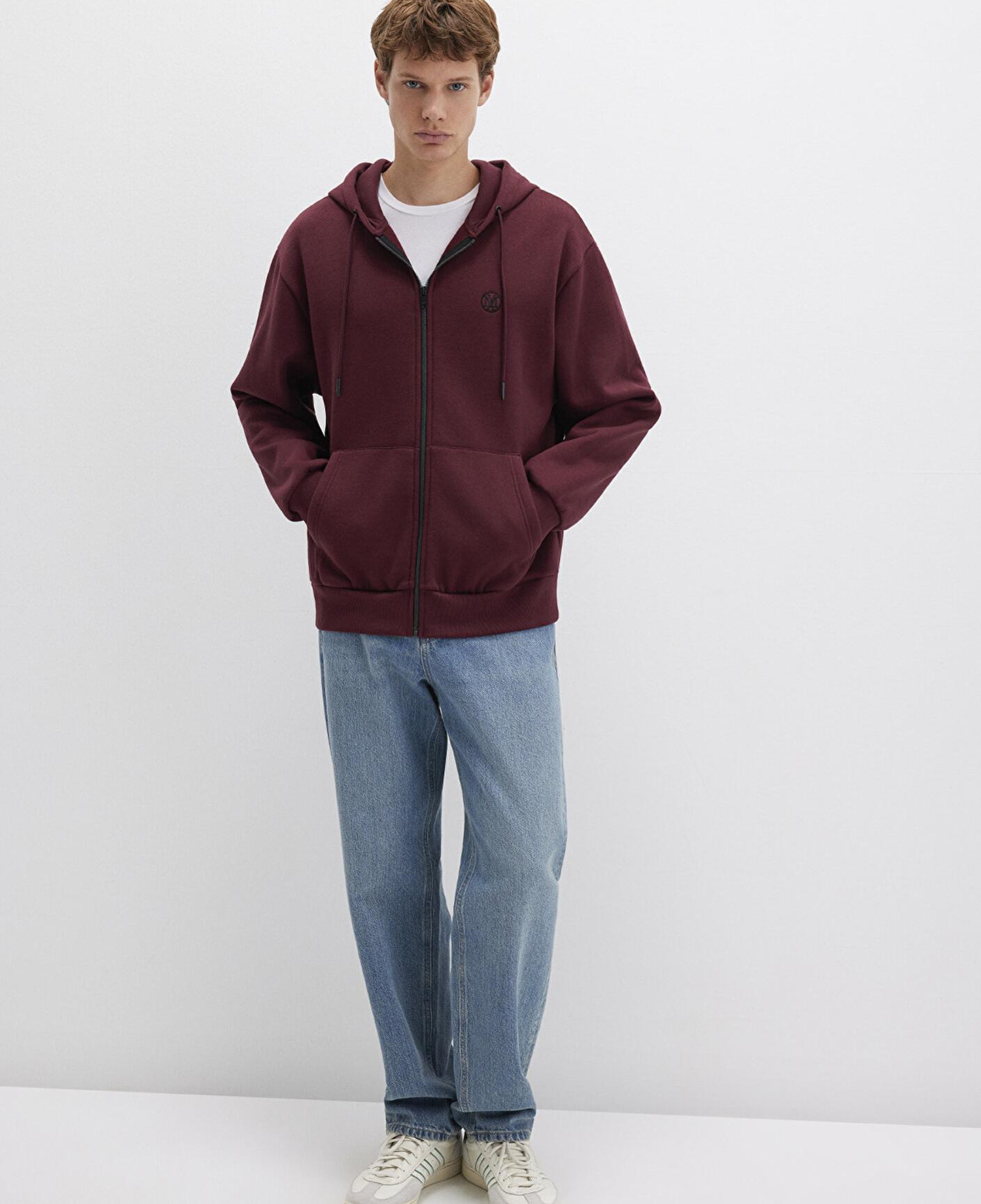 Mavi Mühür Logo Nakışlı Kapüşonlu Fermuarlı Bordo Sweatshirt 066979-70426