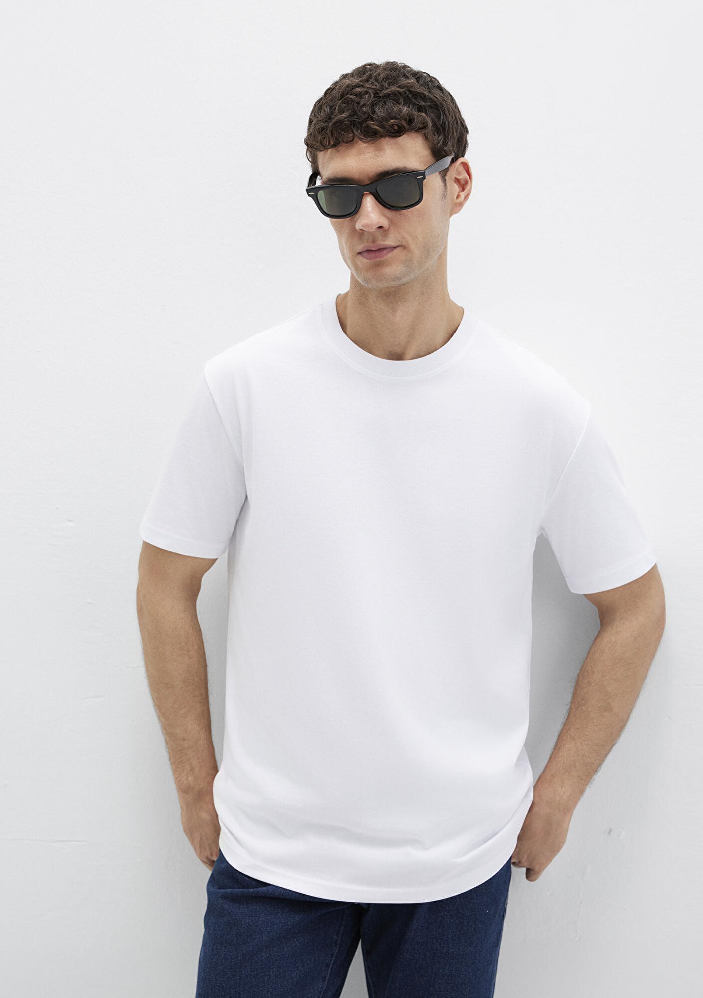 Mavi Bisiklet Yaka Beyaz Basic Tişört Loose Fit / Bol Rahat Kesim 0611596-620