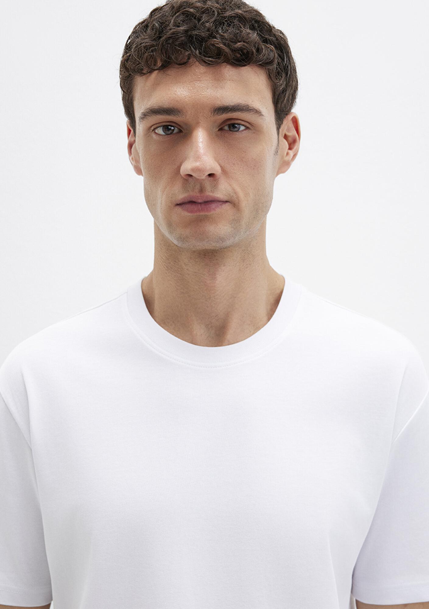 Mavi Bisiklet Yaka Beyaz Basic Tişört Loose Fit / Bol Rahat Kesim 0611596-620