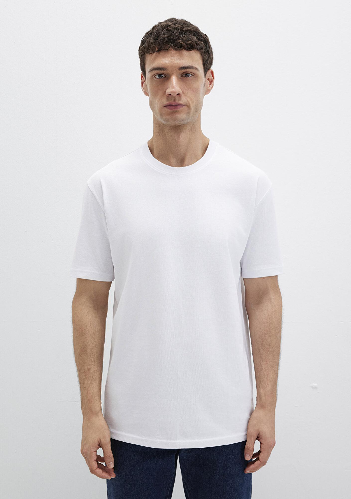 Mavi Bisiklet Yaka Beyaz Basic Tişört Loose Fit / Bol Rahat Kesim 0611596-620