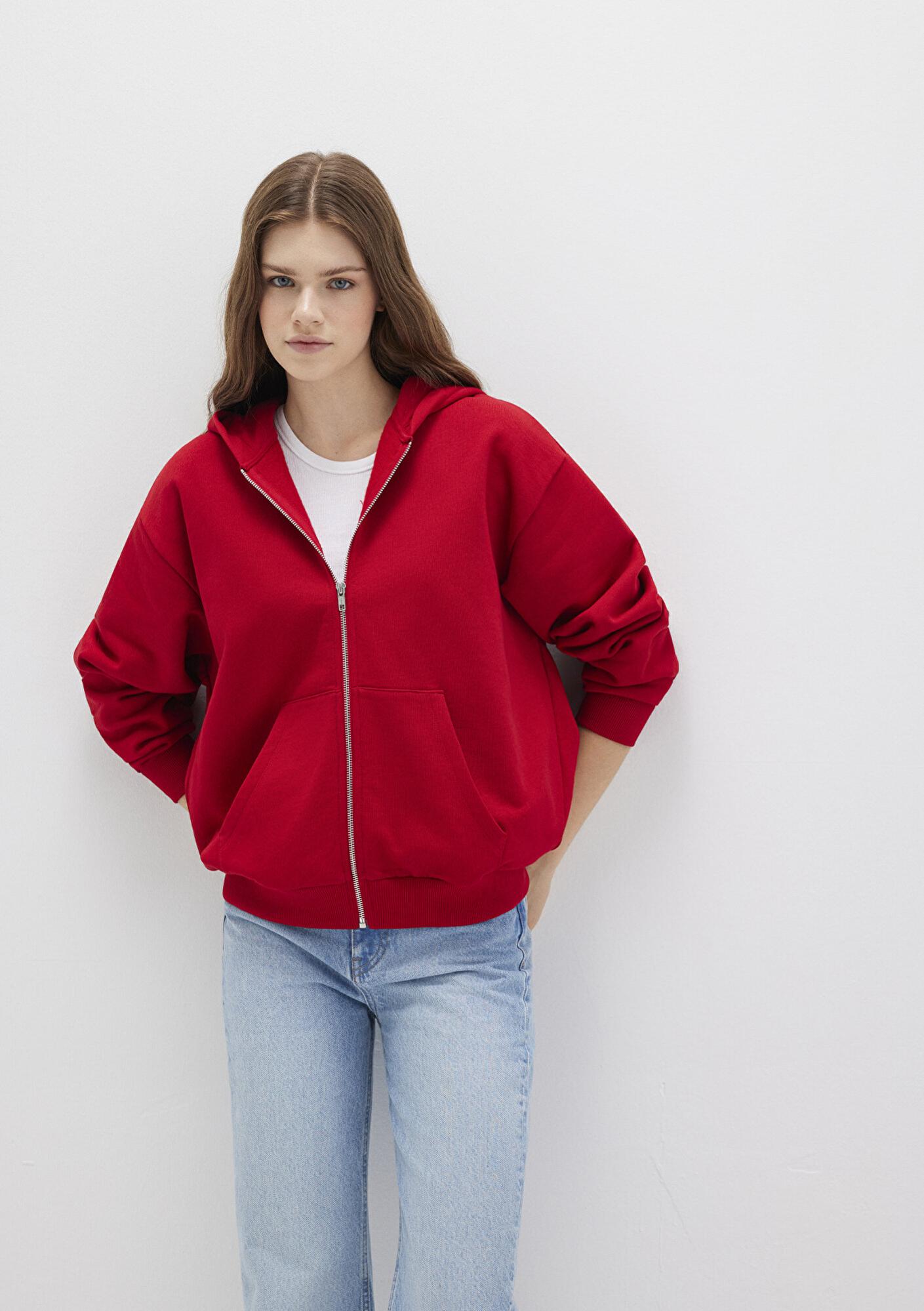 Mavi Fermuarlı Kapüşonlu Kırmızı Basic Sweatshirt 1611775-82054