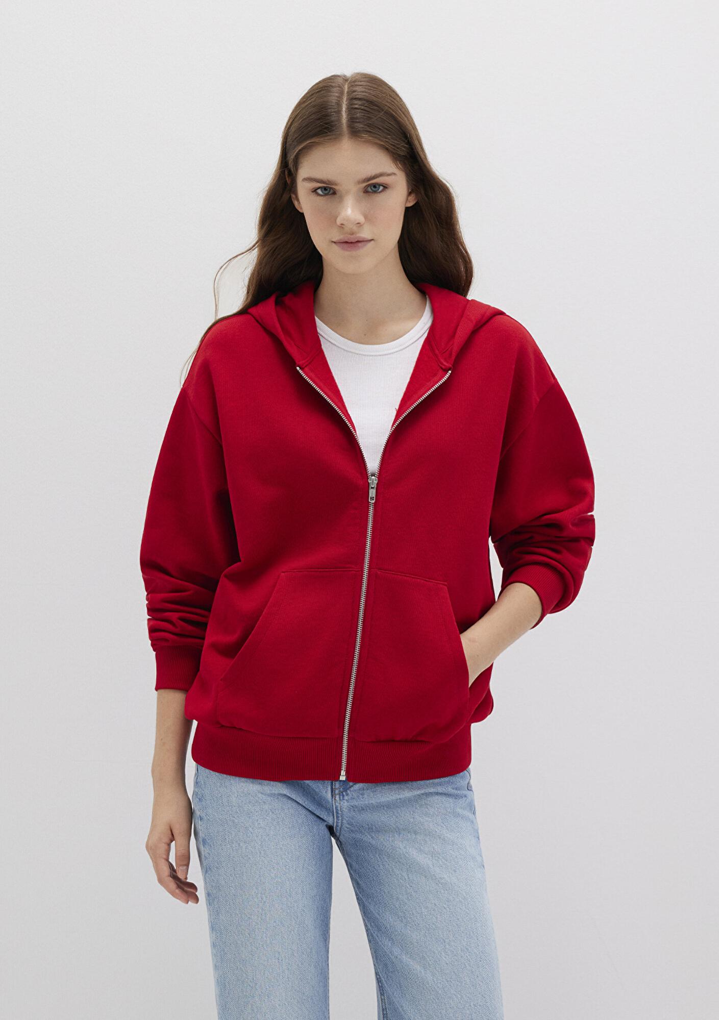 Mavi Fermuarlı Kapüşonlu Kırmızı Basic Sweatshirt 1611775-82054