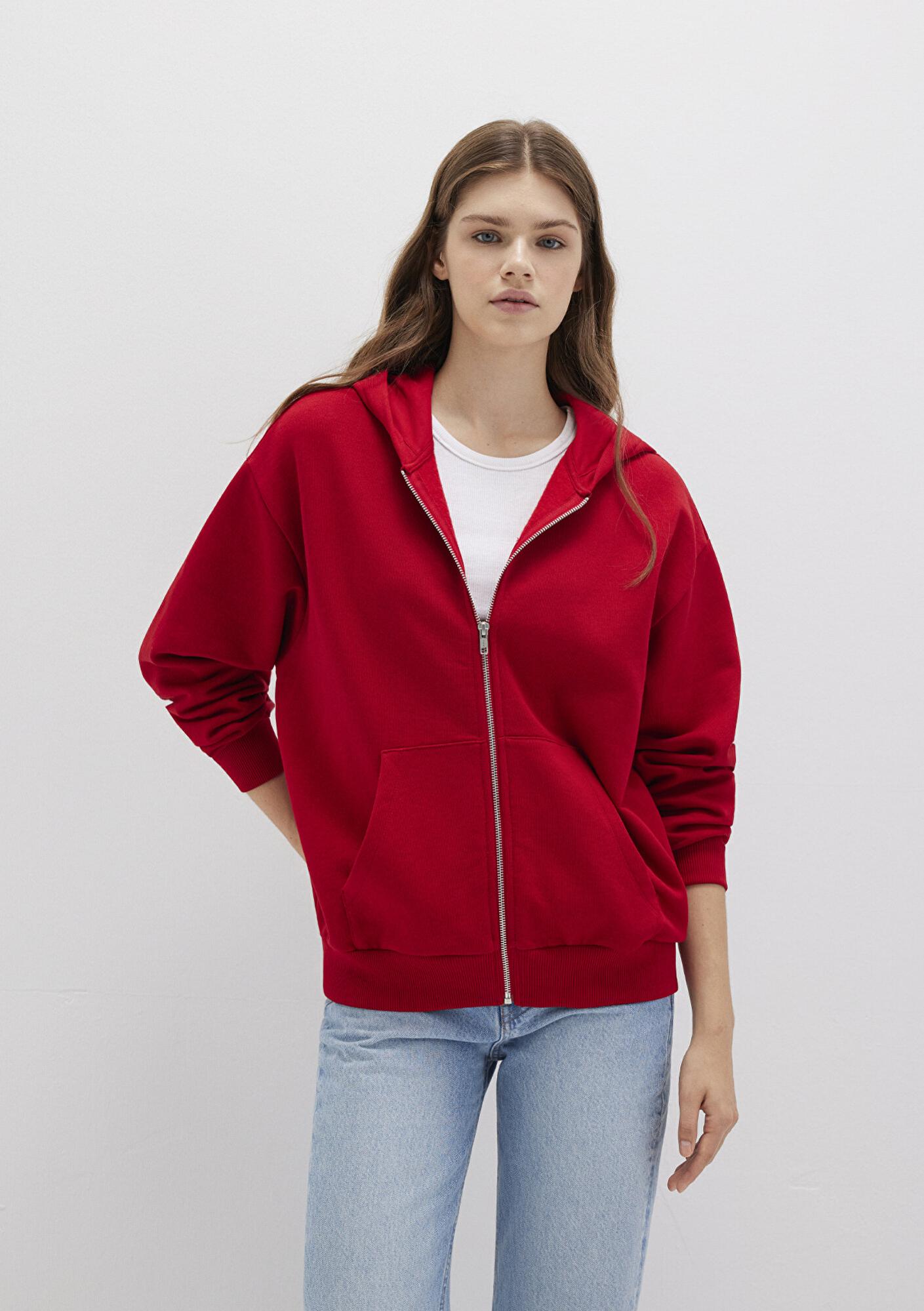 Mavi Fermuarlı Kapüşonlu Kırmızı Basic Sweatshirt 1611775-82054