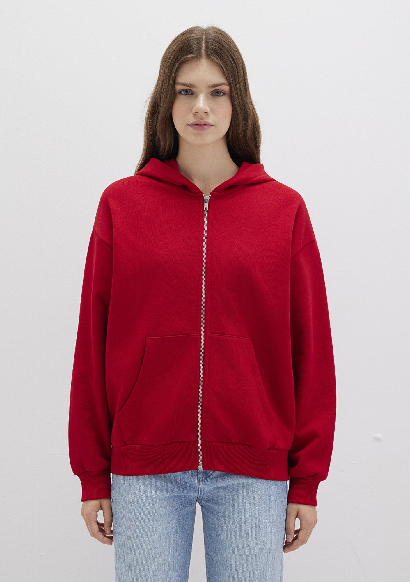 Mavi Fermuarlı Kapüşonlu Kırmızı Basic Sweatshirt 1611775-82054