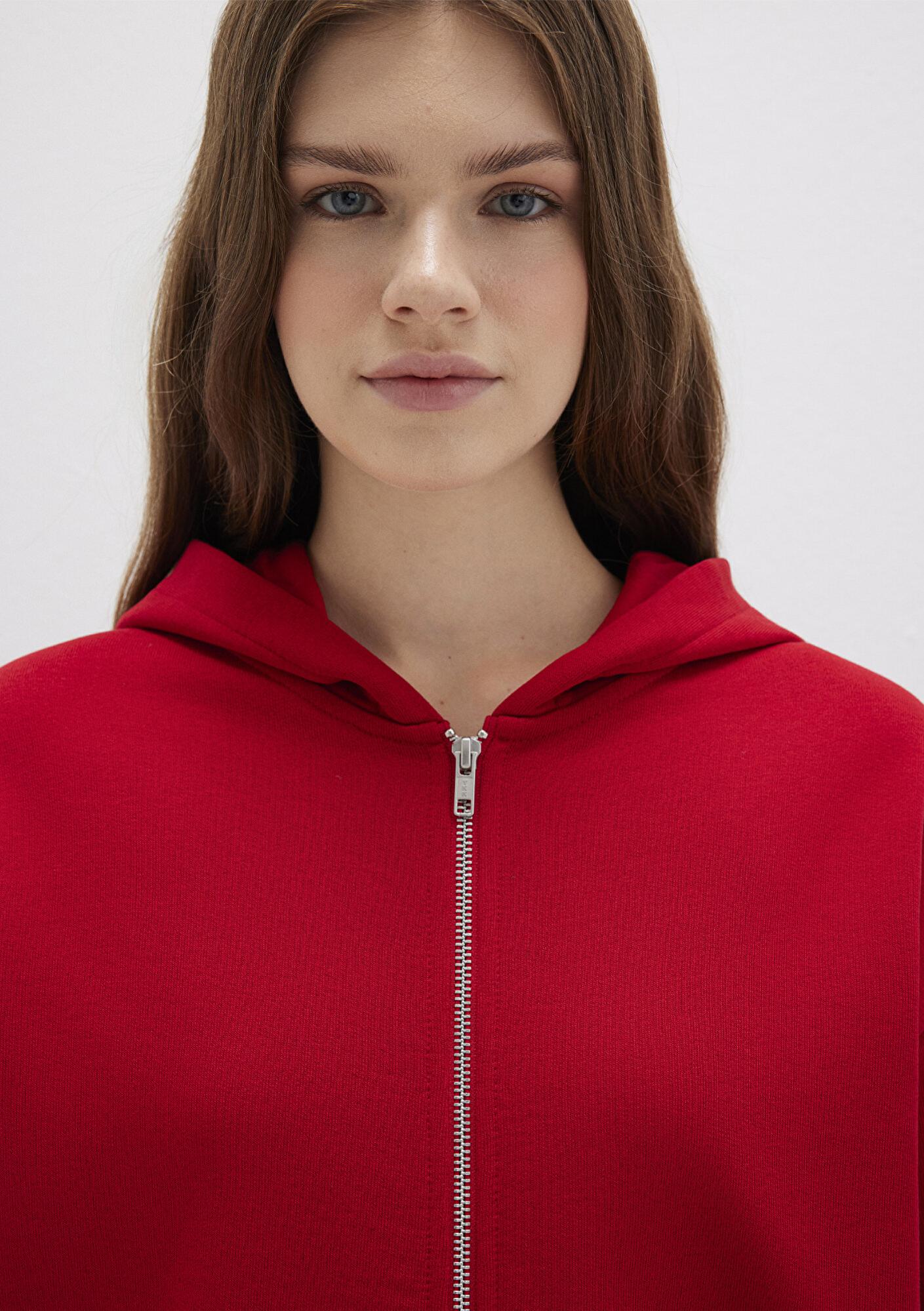 Mavi Fermuarlı Kapüşonlu Kırmızı Basic Sweatshirt 1611775-82054