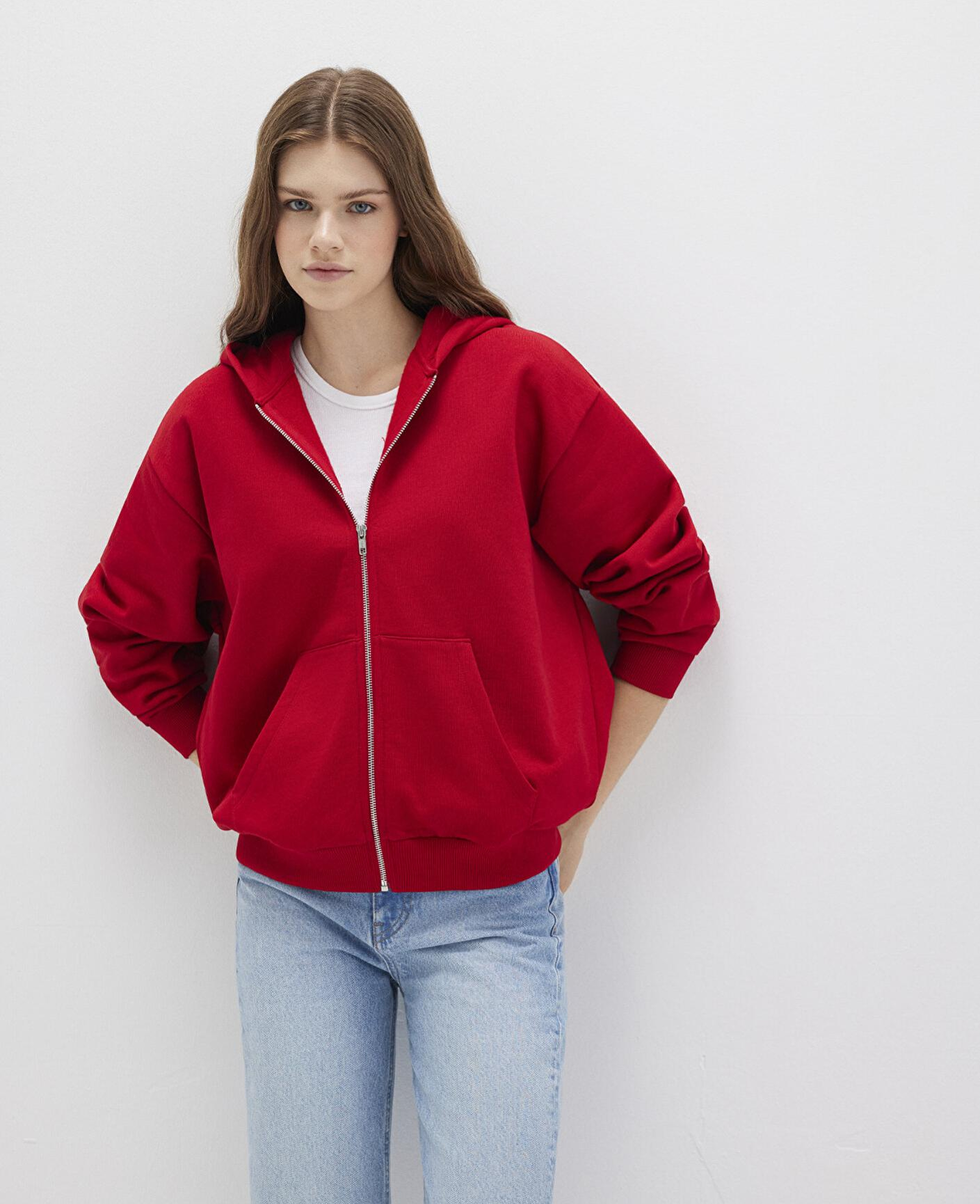 Mavi Fermuarlı Kapüşonlu Kırmızı Basic Sweatshirt 1611775-82054