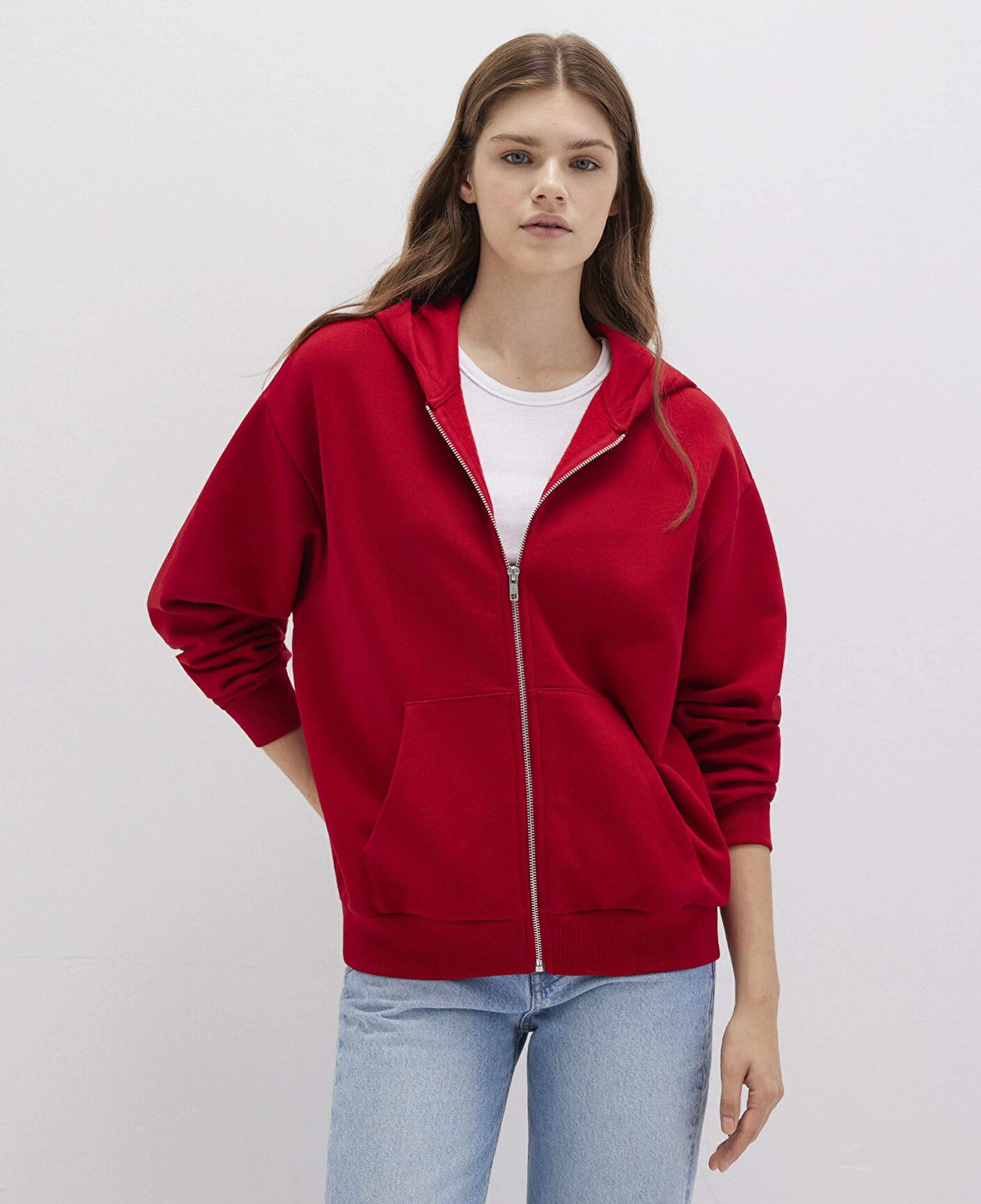 Mavi Fermuarlı Kapüşonlu Kırmızı Basic Sweatshirt 1611775-82054