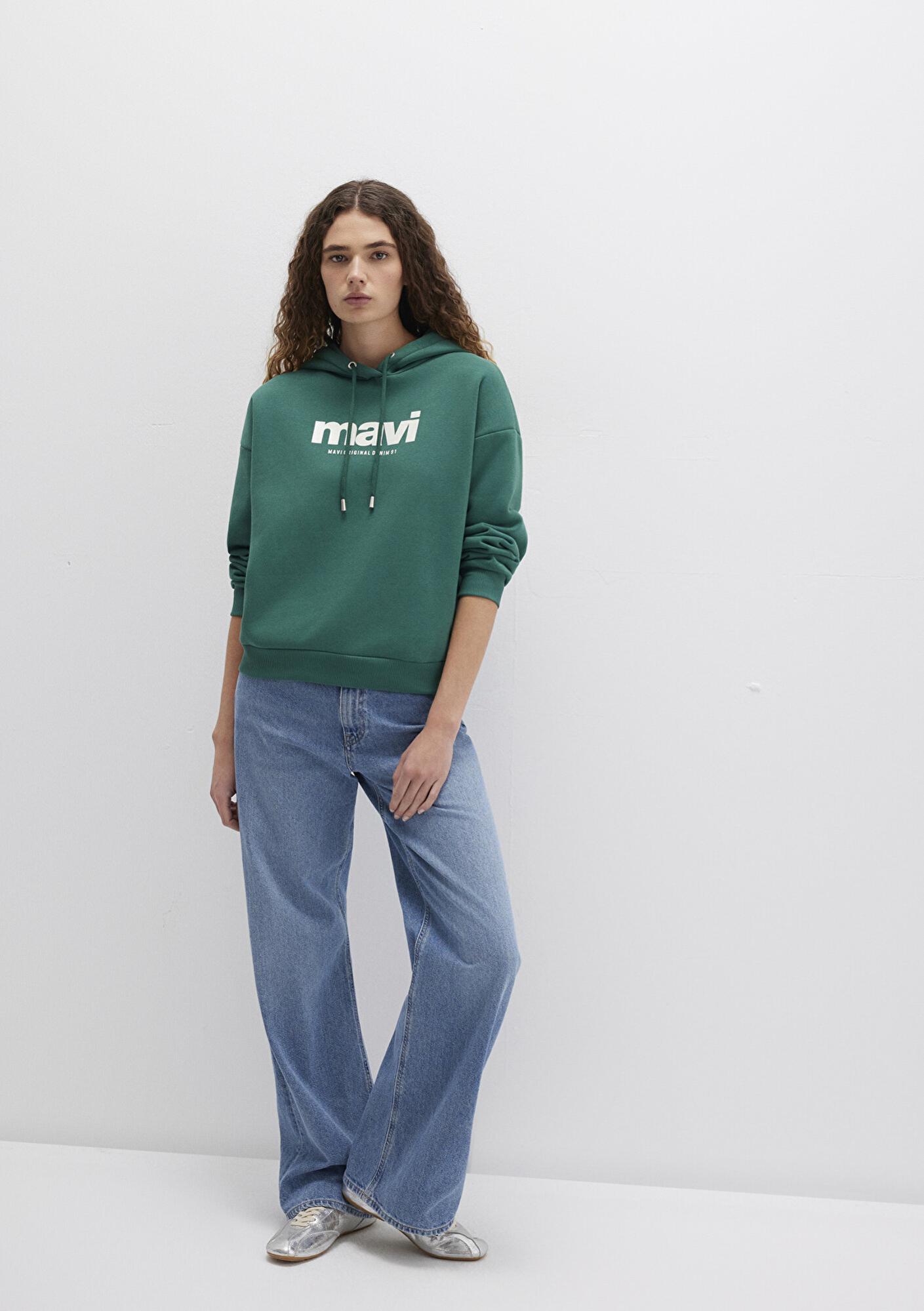 Mavi Mavi Logo Baskılı Kapüşonlu Yeşil Sweatshirt 168334-71874