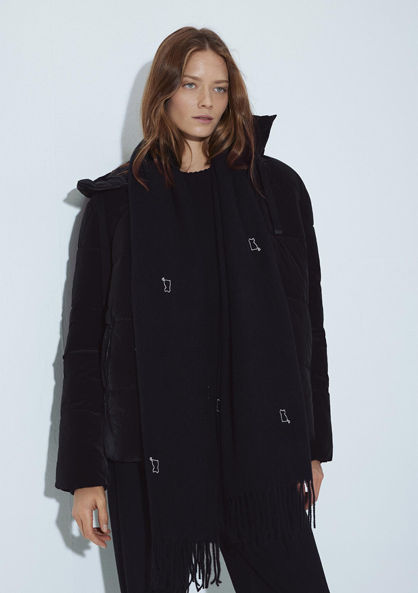 Mavi Kedi Nakışlı Siyah Atkı 1911730-900