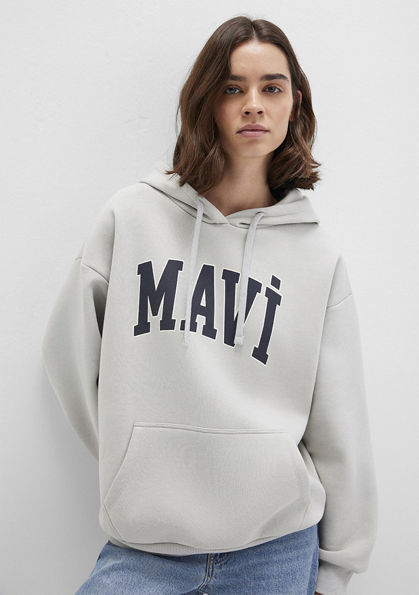 Mavi Mavi Logo Baskılı Kapüşonlu Gri Sweatshirt 1600361-34322