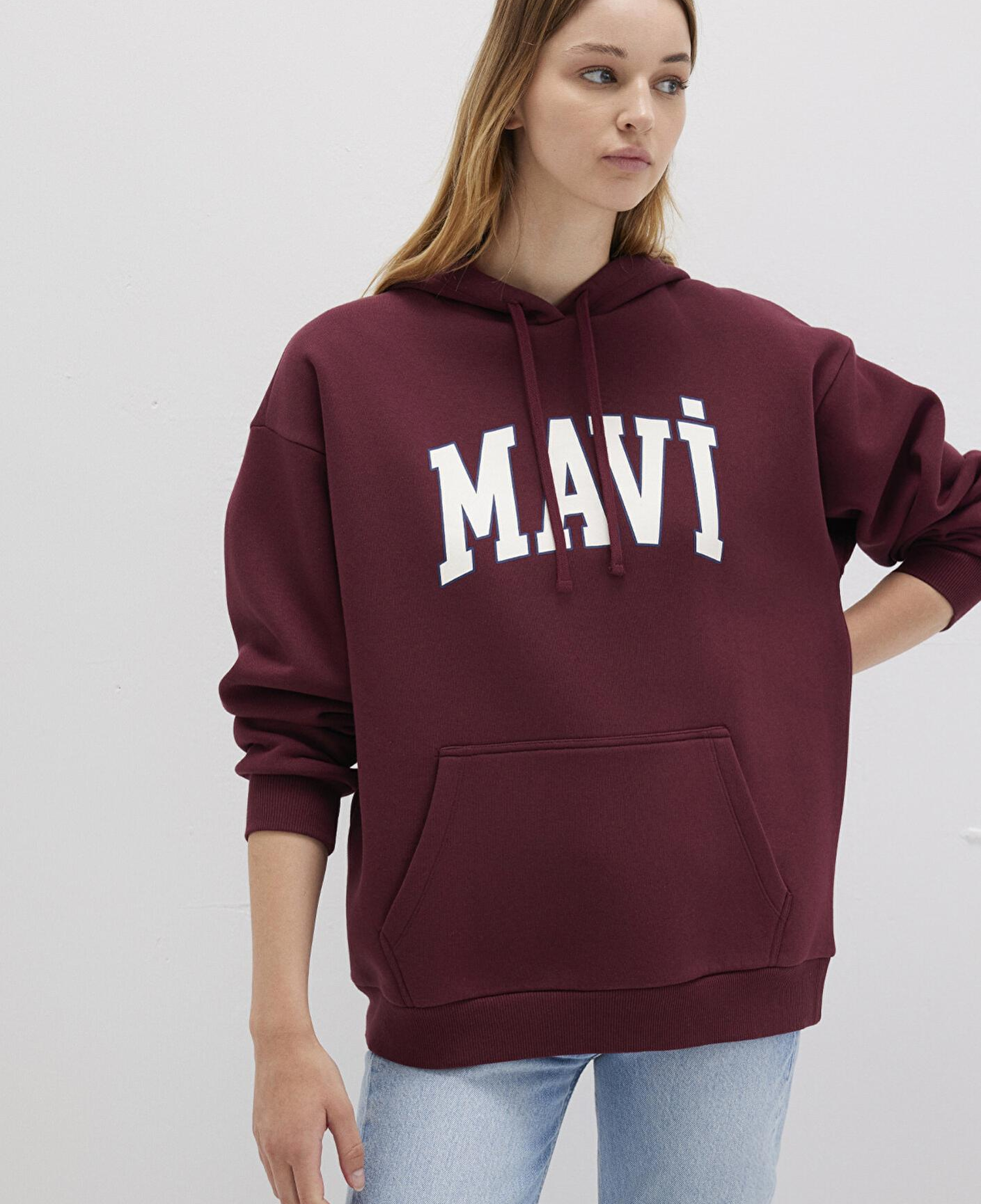 Mavi Mavi Logo Baskılı Kapüşonlu Bordo Sweatshirt 1600361-85493