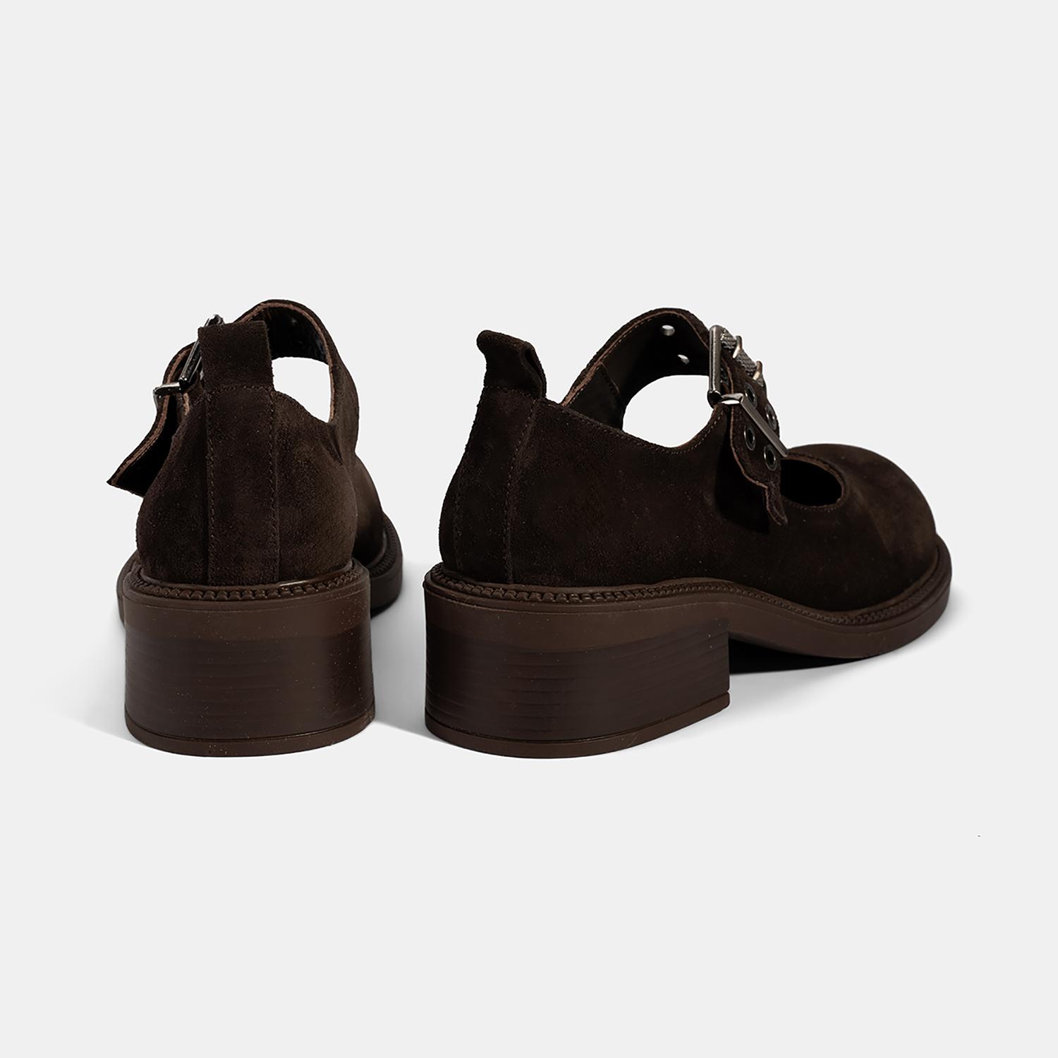 Kadın Kahve Ayarlanabilir Metal Tokalı Mary Jane Süet Ayakkabı