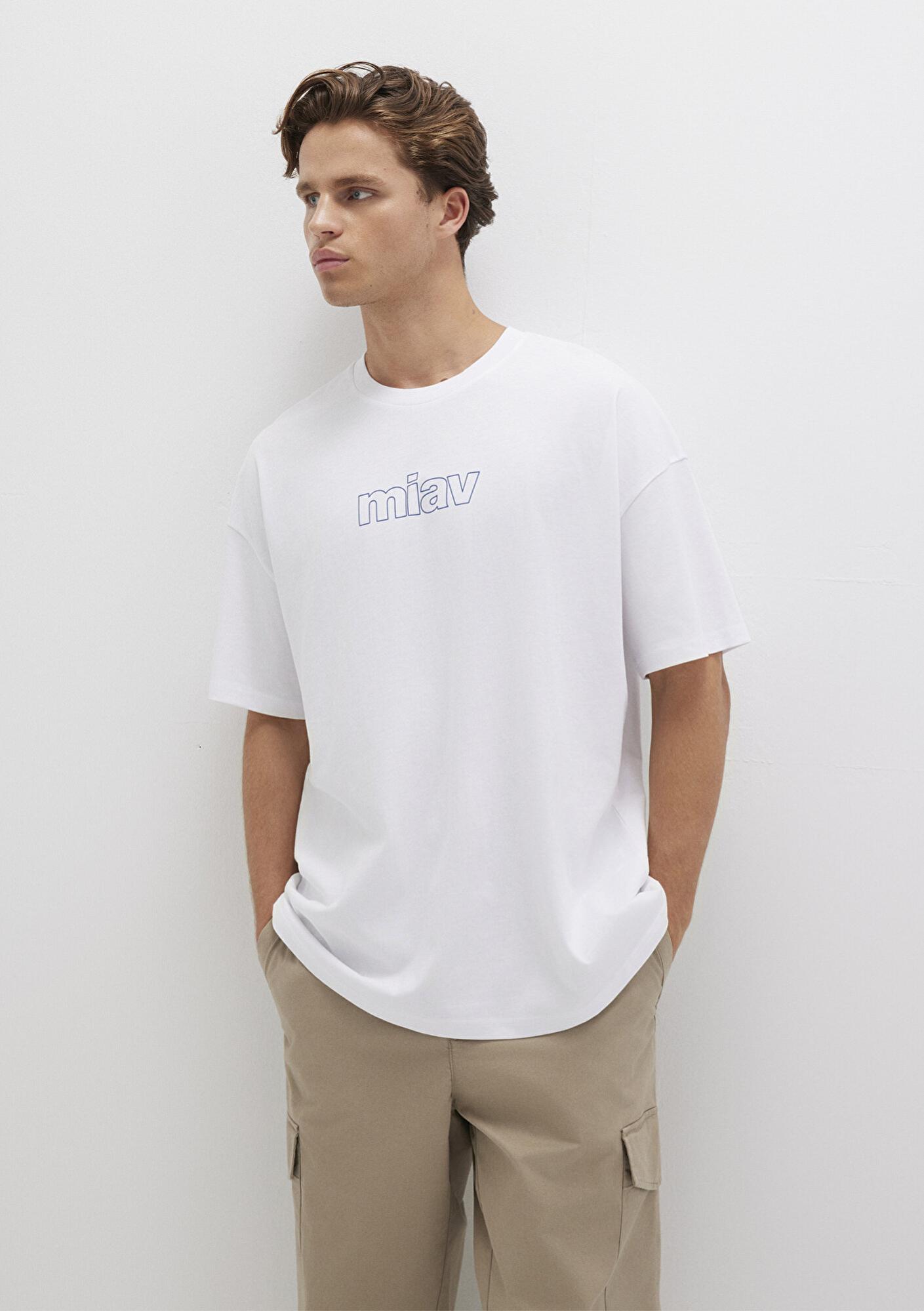 Mavi Miav Baskılı Oversize Beyaz Tişört Oversize / Geniş Kesim 0611704-620