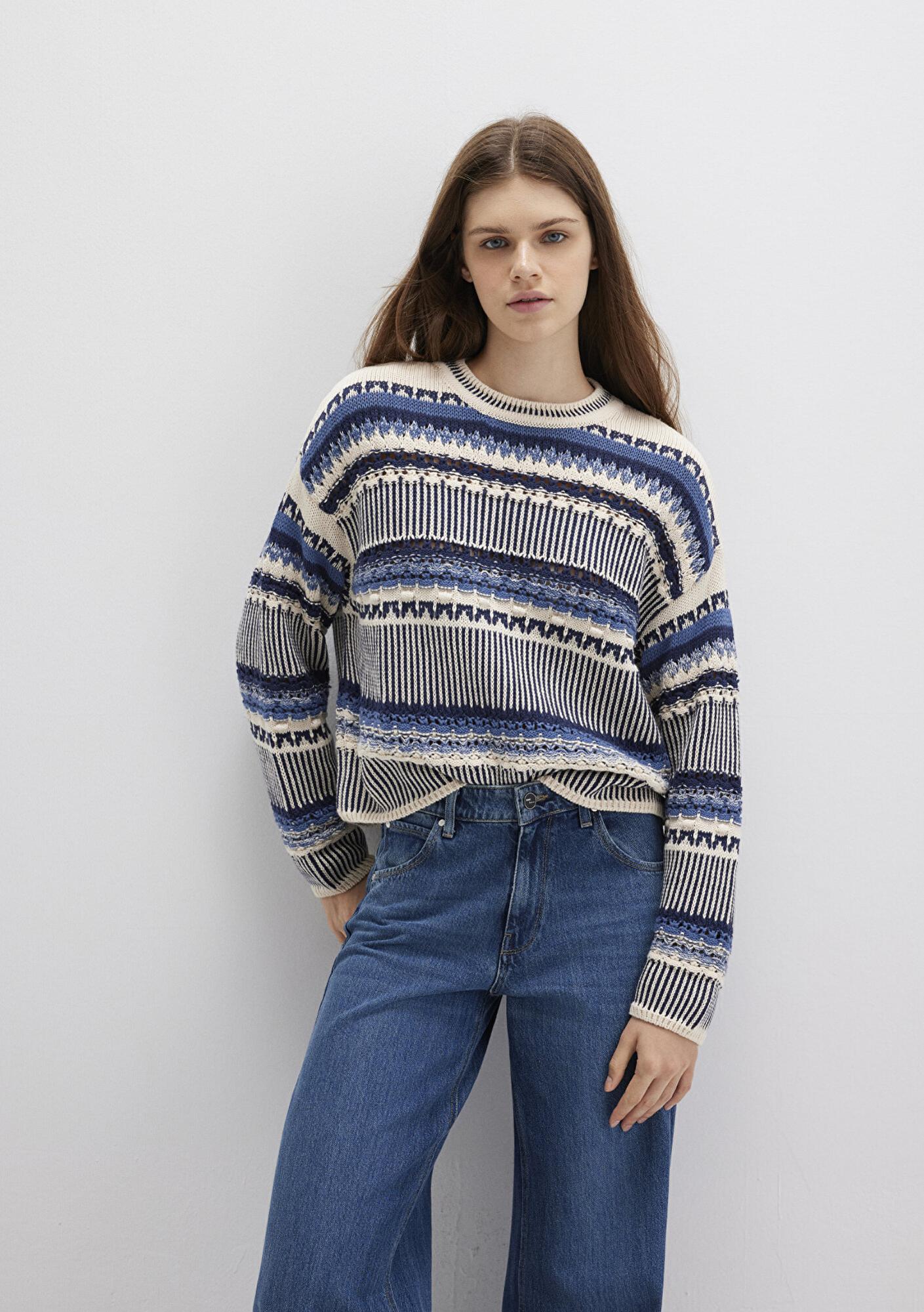 Mavi Jakarlı Mavi Kazak Oversize / Geniş Kesim 1710155-70737