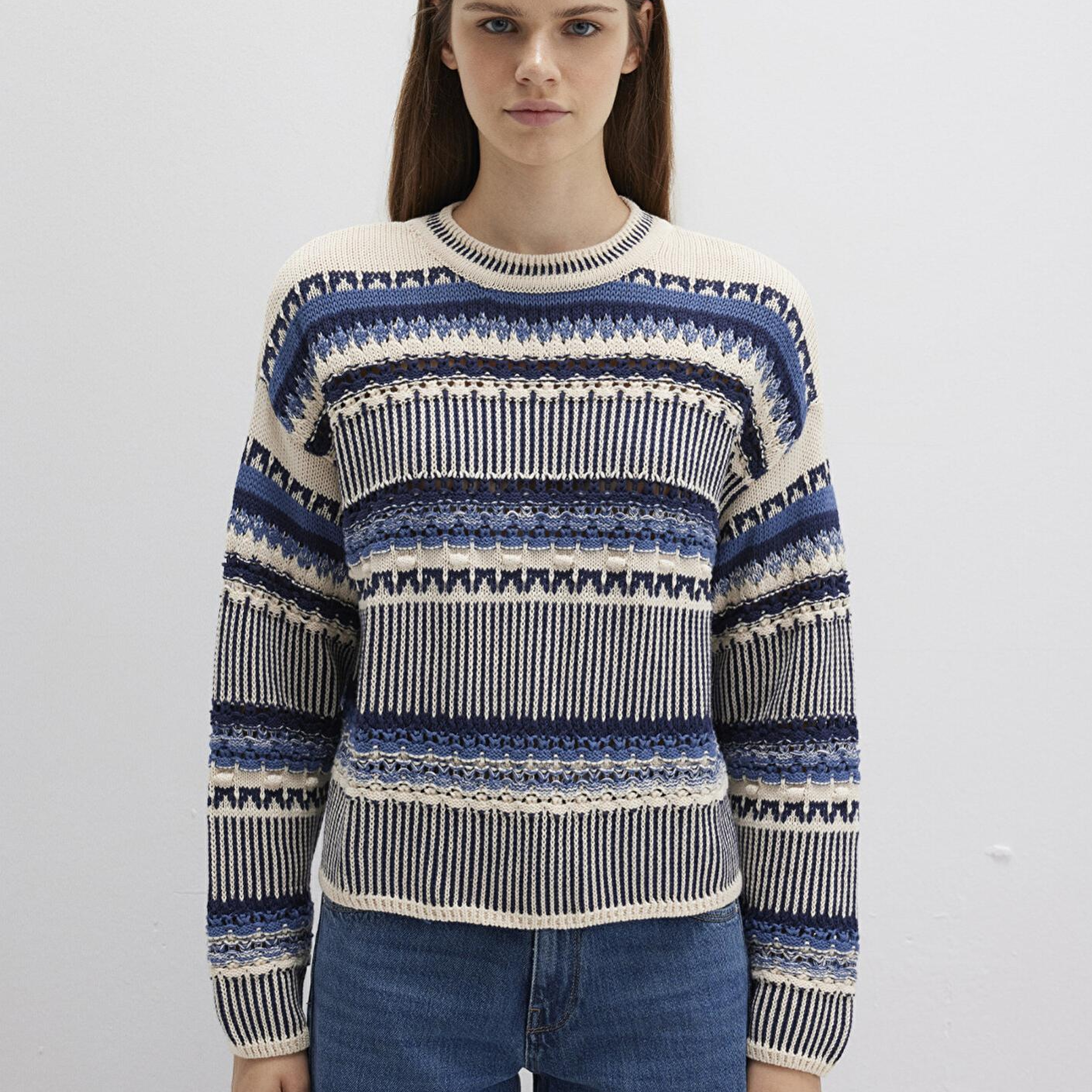 Mavi Jakarlı Mavi Kazak Oversize / Geniş Kesim 1710155-70737