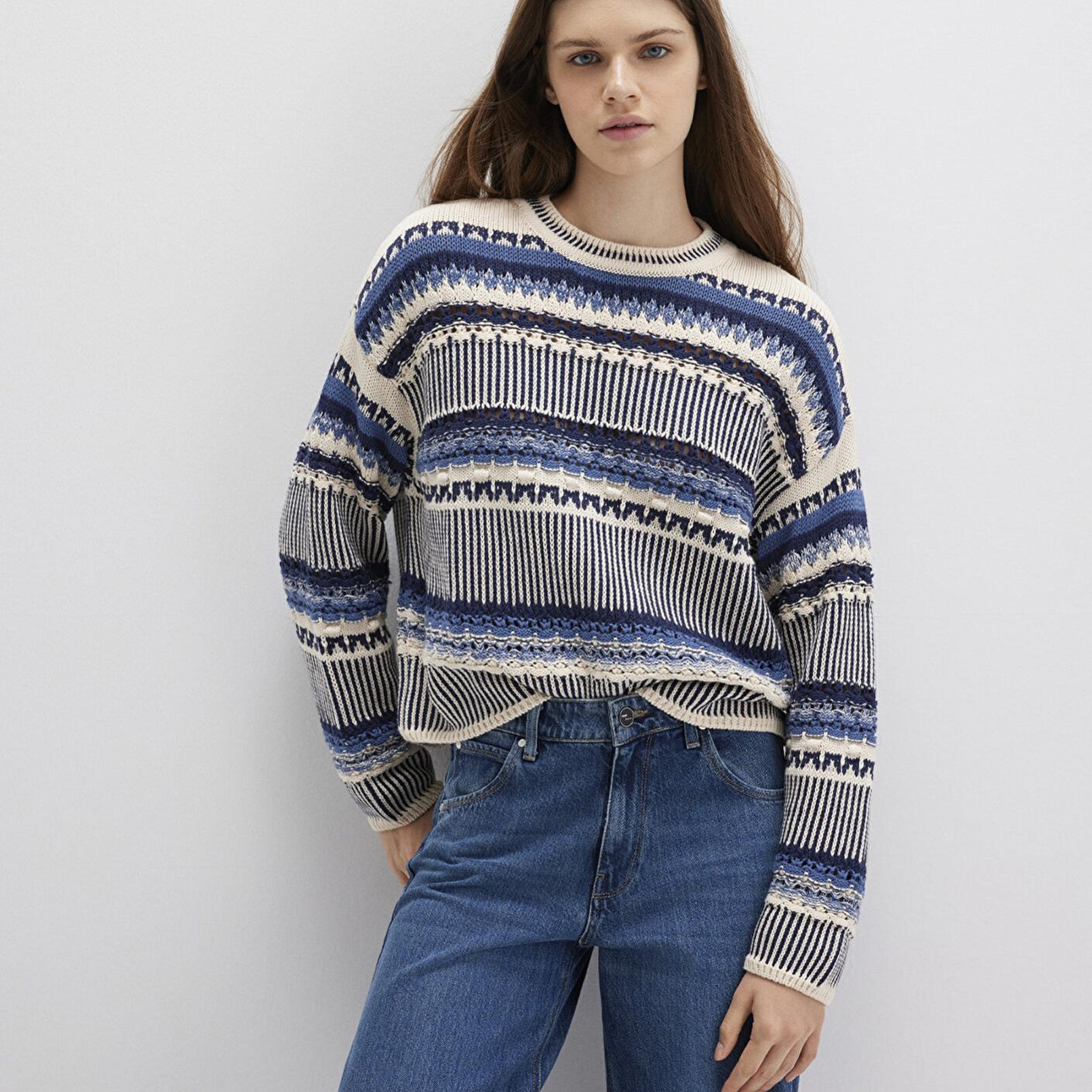 Mavi Jakarlı Mavi Kazak Oversize / Geniş Kesim 1710155-70737