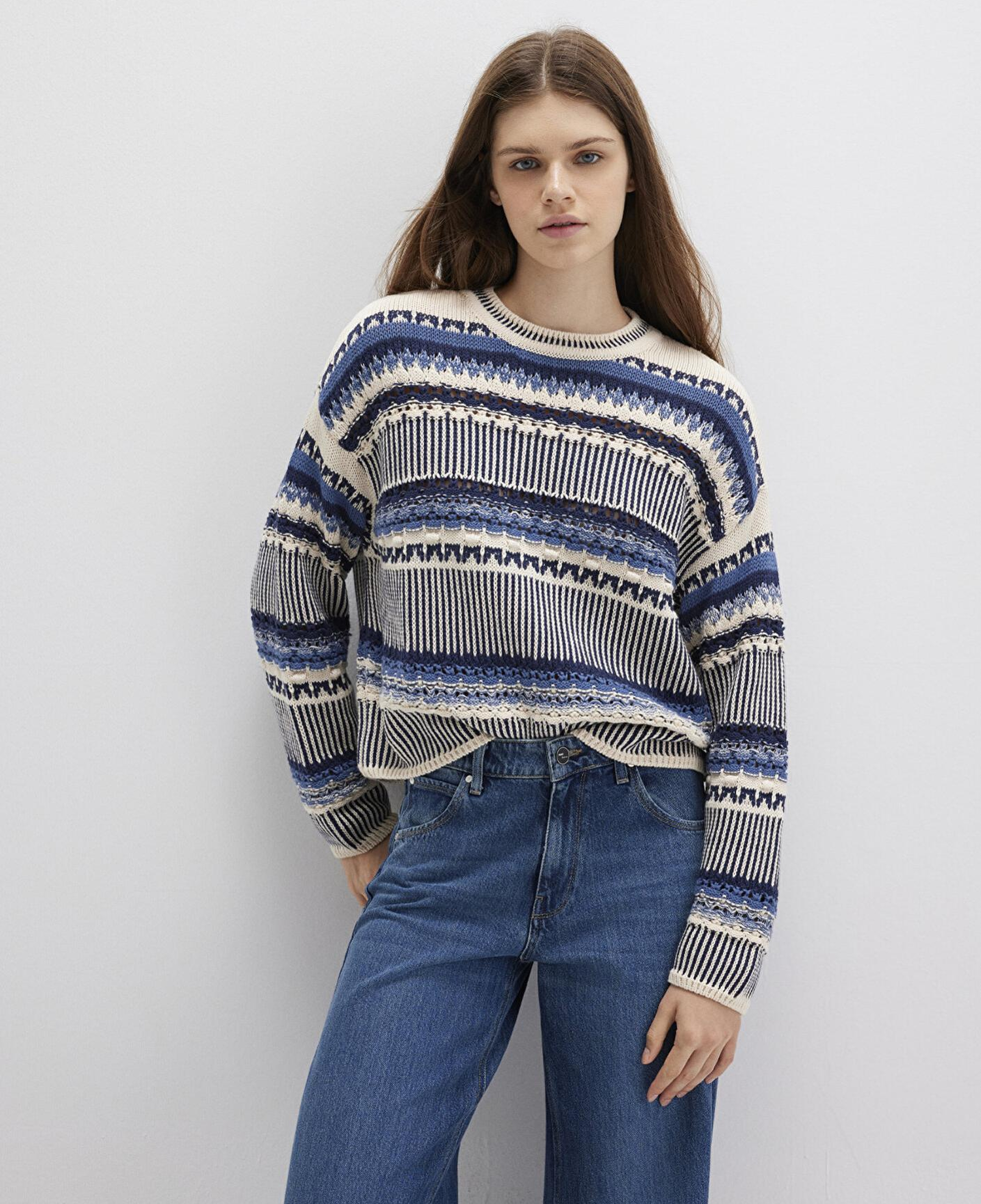 Mavi Jakarlı Mavi Kazak Oversize / Geniş Kesim 1710155-70737