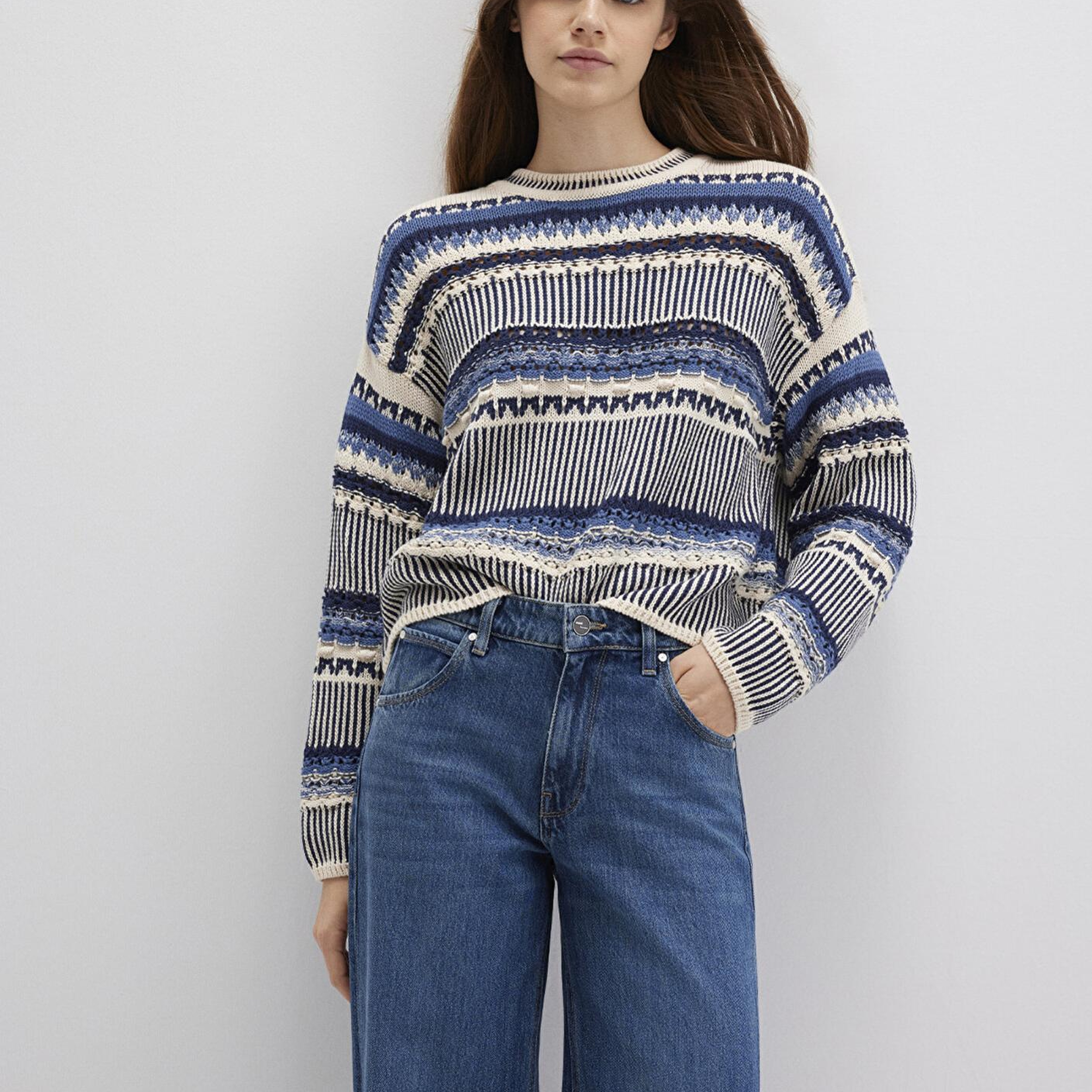 Mavi Jakarlı Mavi Kazak Oversize / Geniş Kesim 1710155-70737