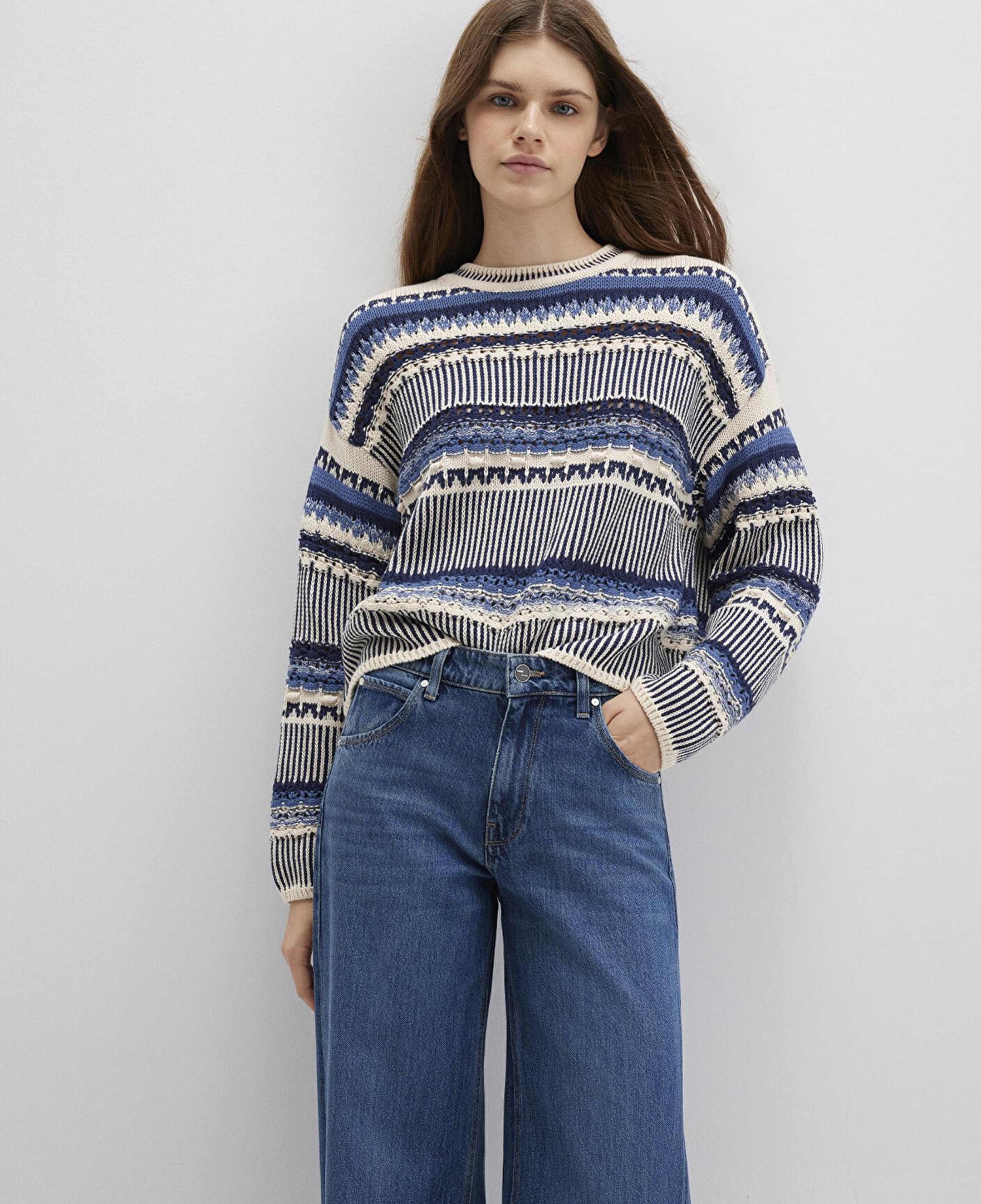 Mavi Jakarlı Mavi Kazak Oversize / Geniş Kesim 1710155-70737