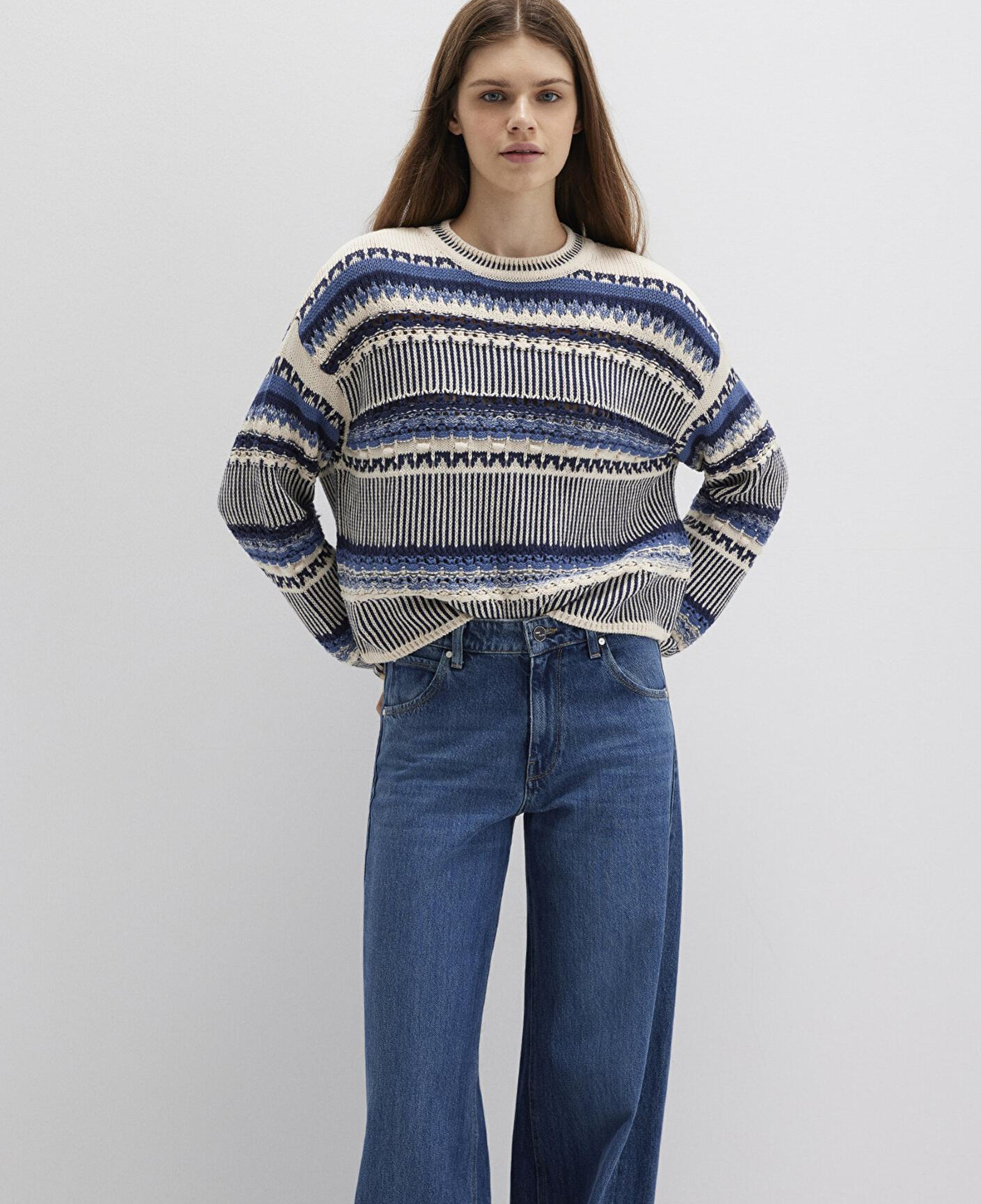 Mavi Jakarlı Mavi Kazak Oversize / Geniş Kesim 1710155-70737