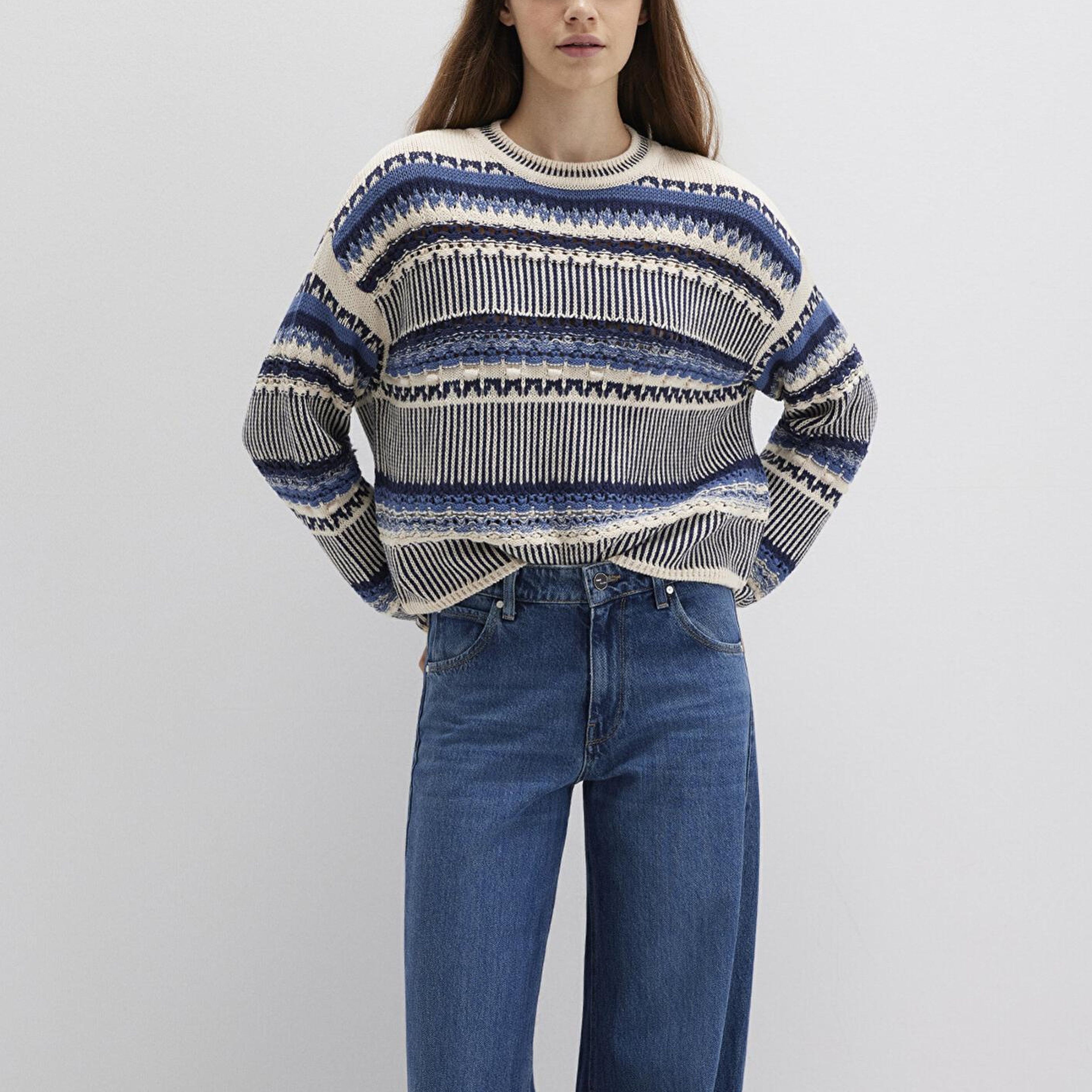 Mavi Jakarlı Mavi Kazak Oversize / Geniş Kesim 1710155-70737