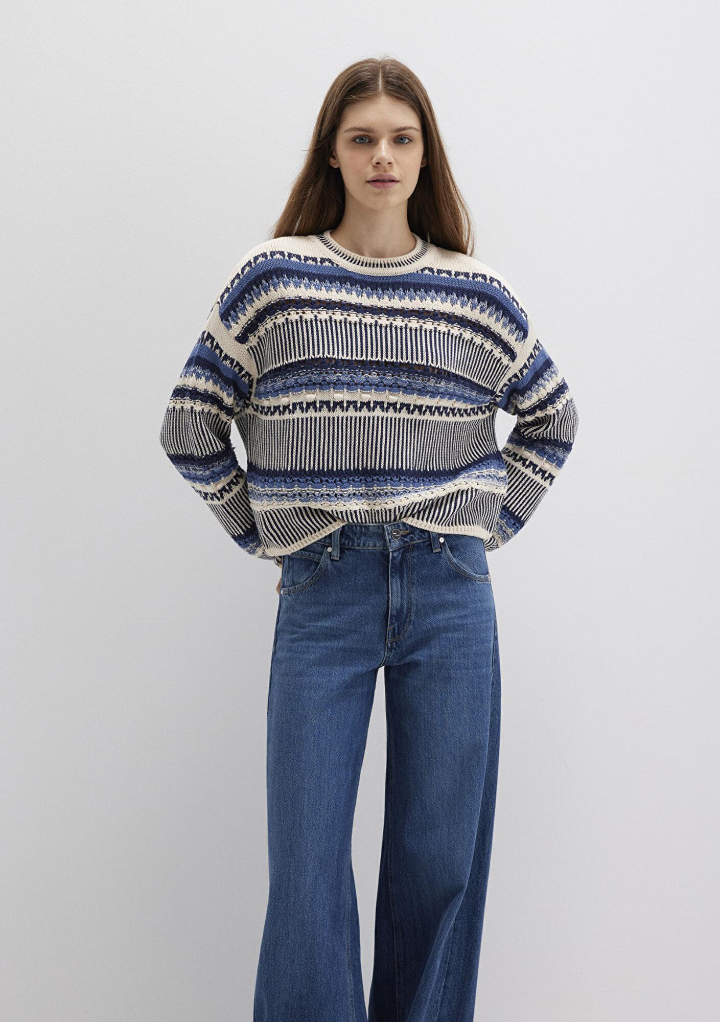 Mavi Jakarlı Mavi Kazak Oversize / Geniş Kesim 1710155-70737