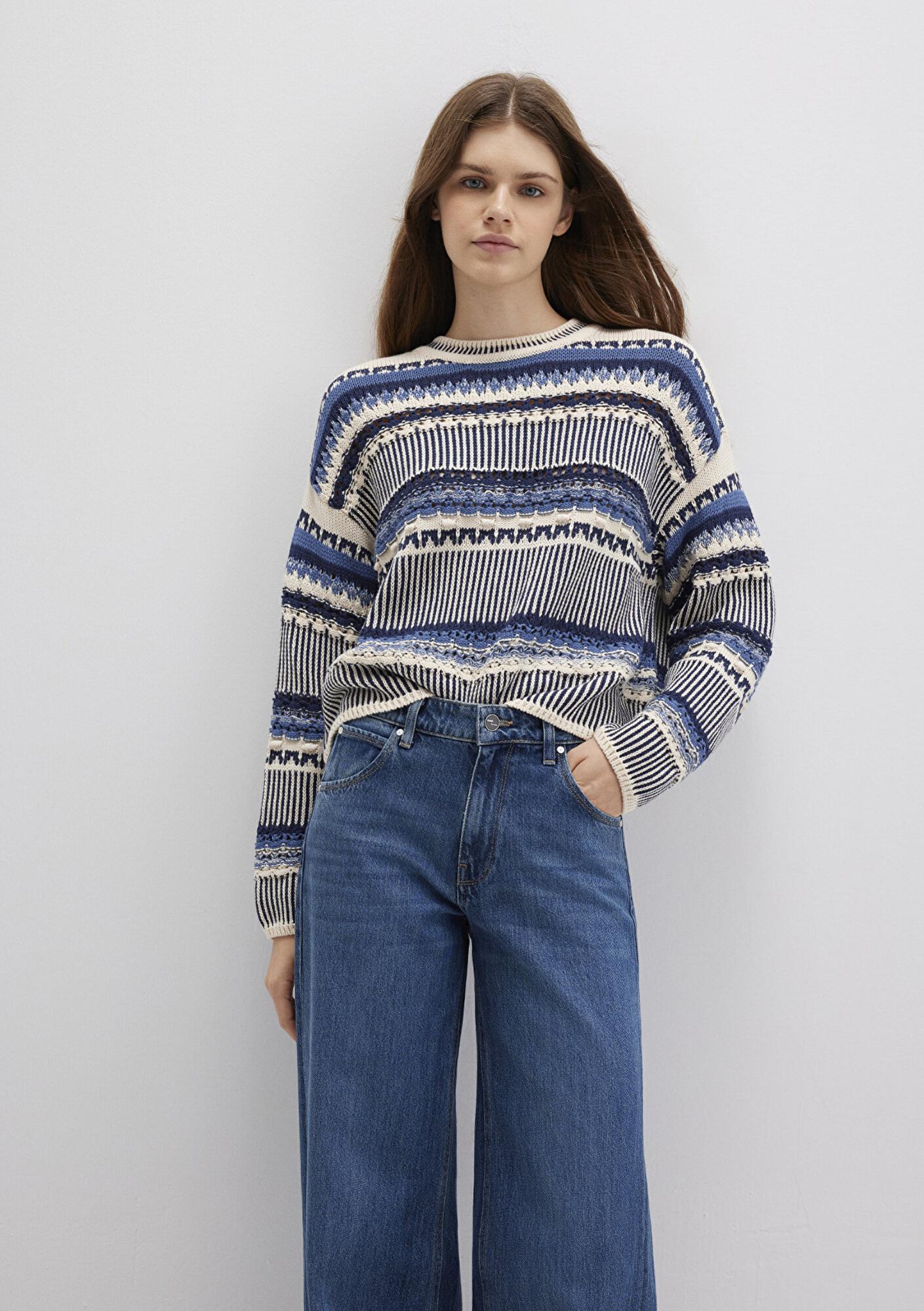 Mavi Jakarlı Mavi Kazak Oversize / Geniş Kesim 1710155-70737