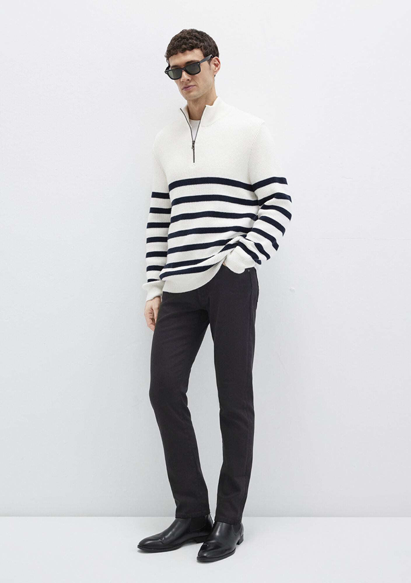 Mavi Yarı Fermuarlı Çizgili Beyaz Kazak Slim Fit / Dar Kesim 0710131-70057