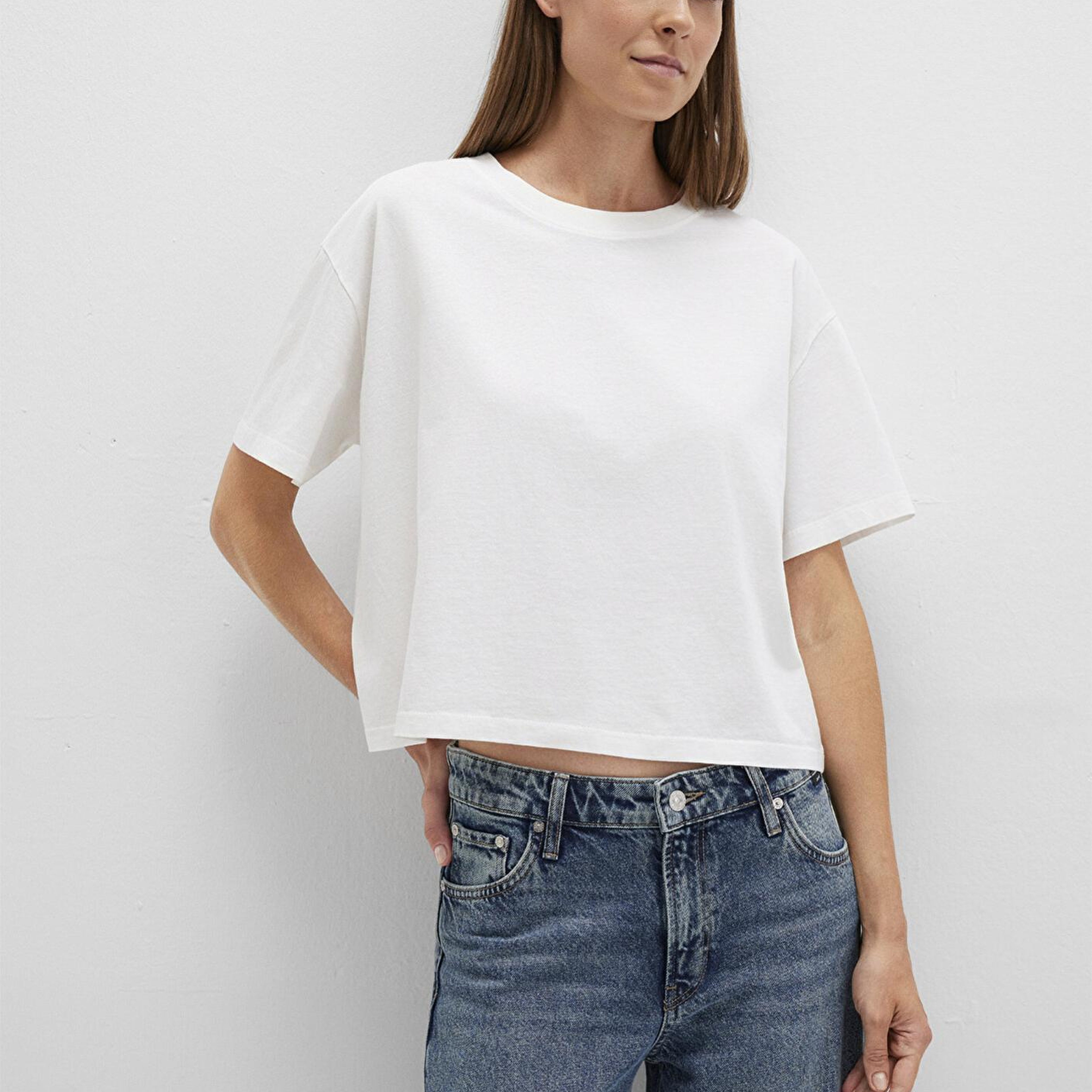 Mavi Bisiklet Yaka Beyaz Basic Tişört Boxy Fit 1611651-80194