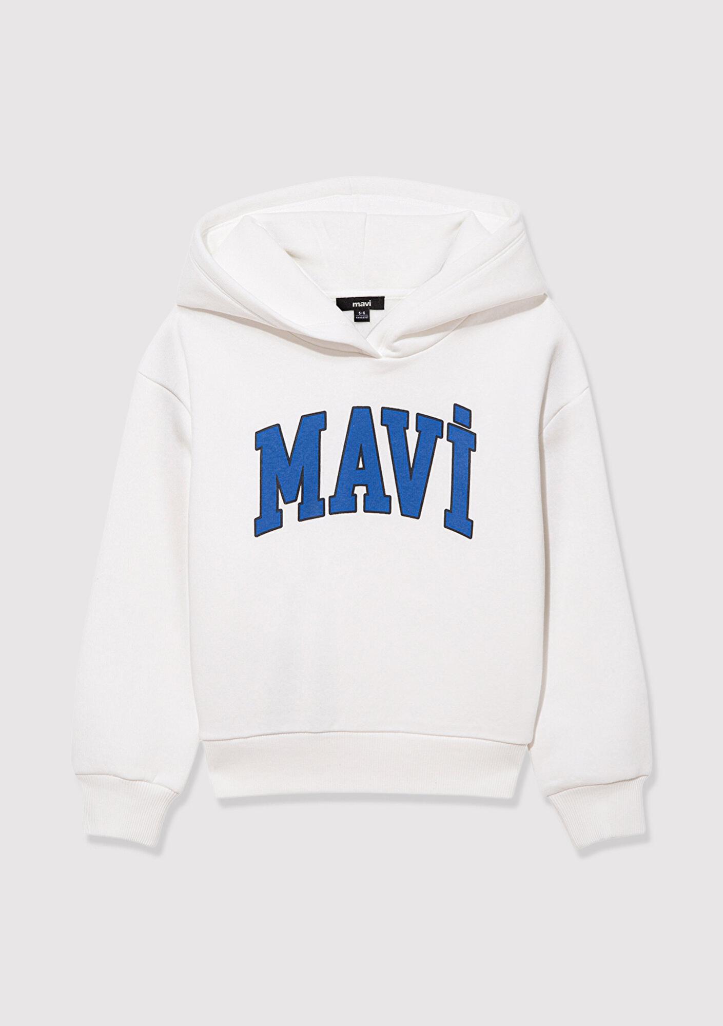 Mavi Mavi Logo Baskılı Beyaz Kapüşonlu Sweatshirt 6610110-70057
